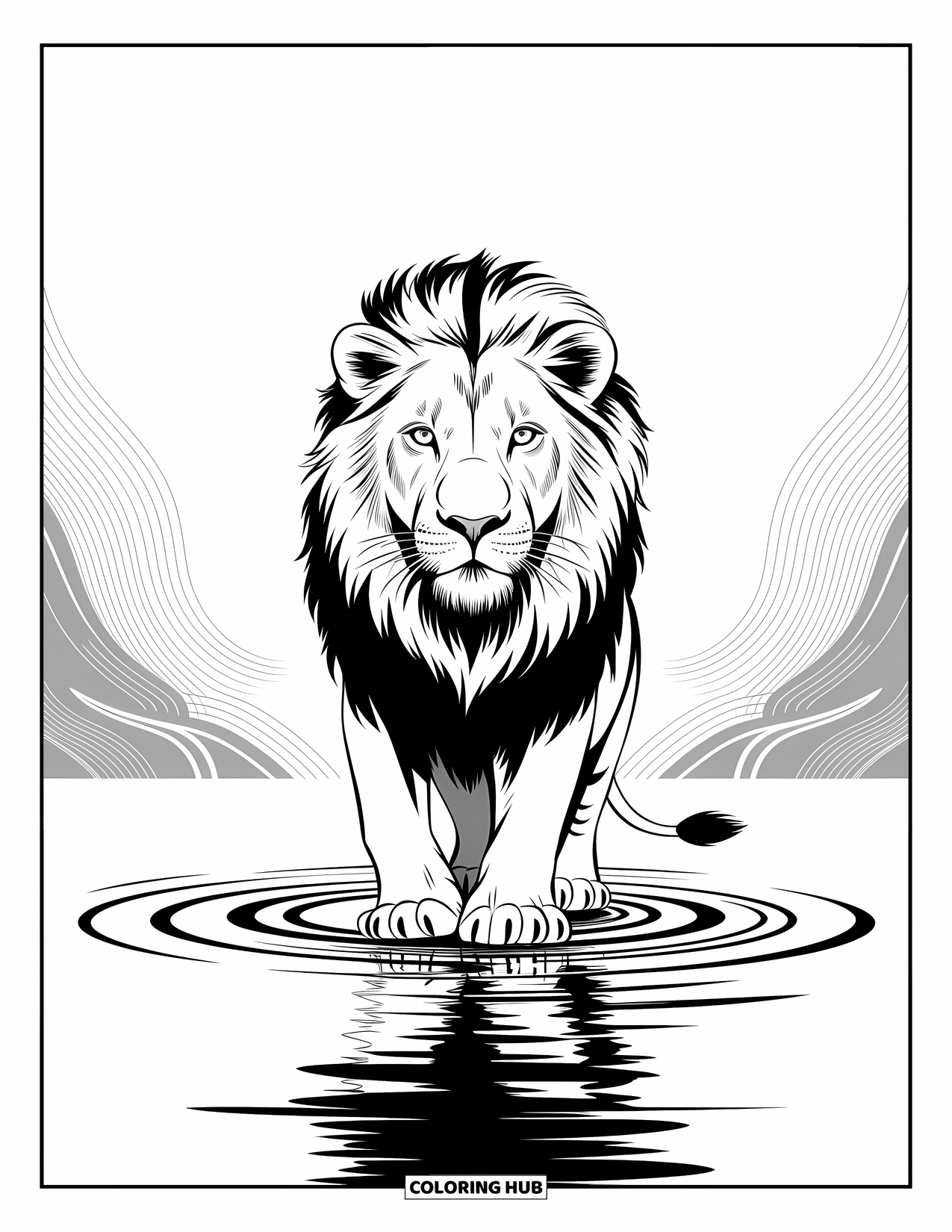 Kolorowanka z lwem dla dzieci: Potężna obecność lwa zakłóca powierzchnię wody, dodając głębi i ruchu scenie