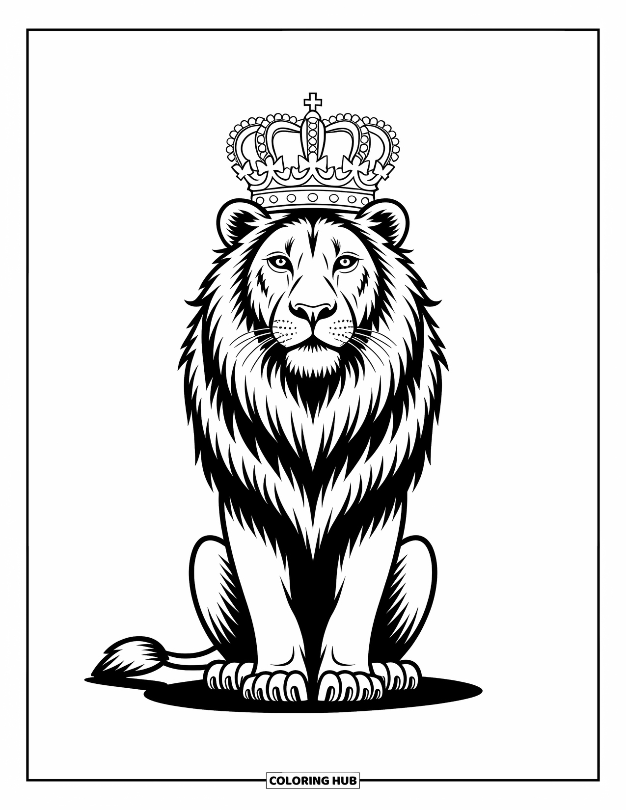 Kolorowanka z lwem dla dzieci: Królewski lew siedzi dumnie, a na jego potężnej głowie spoczywa wspaniała korona