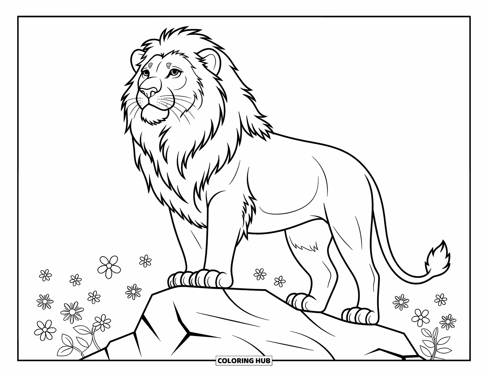Kolorowanka z lwem dla dzieci: Królewski lew stoi na skalnym występie, spoglądając z dumą i determinacją