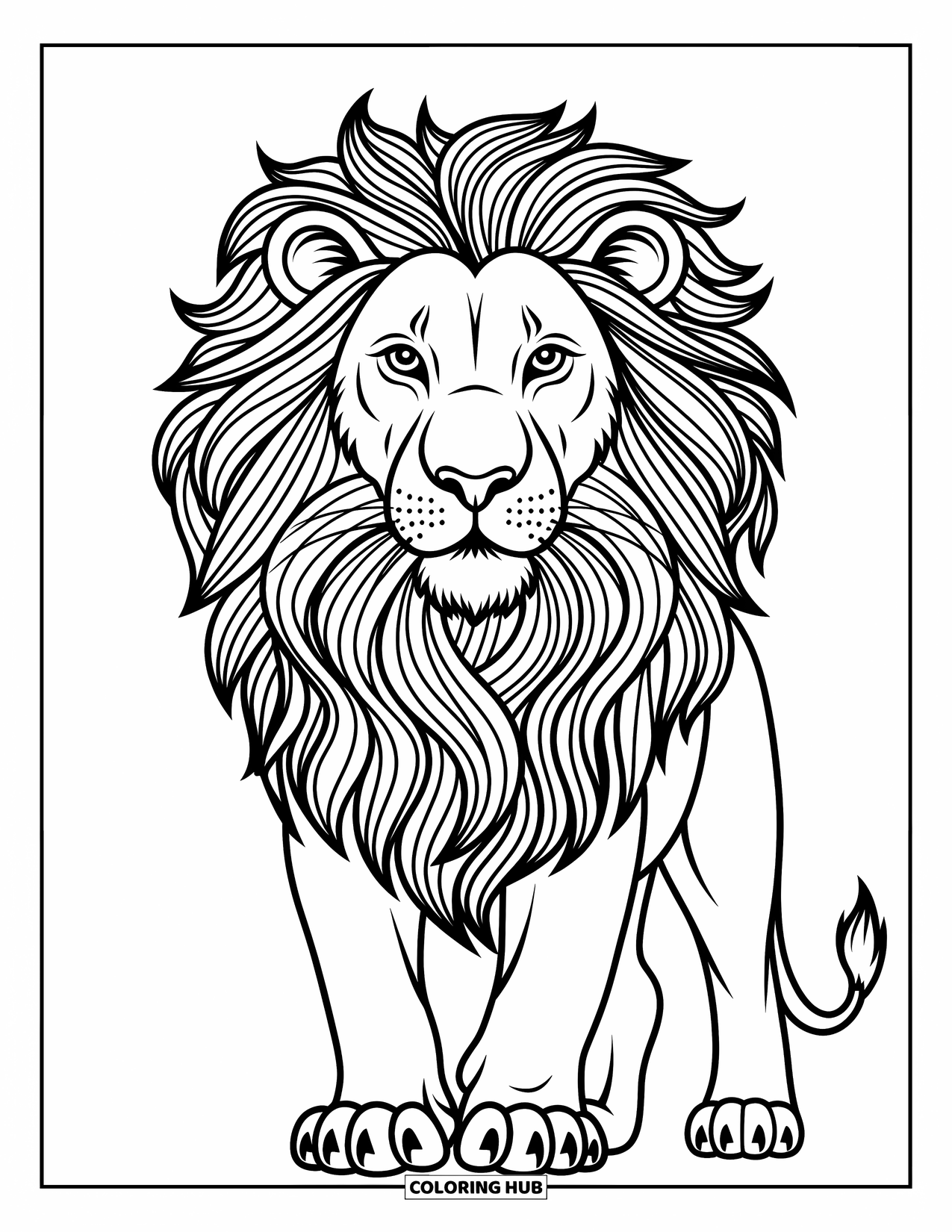 Kolorowanka z lwem dla dzieci: Grzywa królewskiego lwa układa się w skomplikowane wzory, tworząc odważny i ekspresyjny wygląd