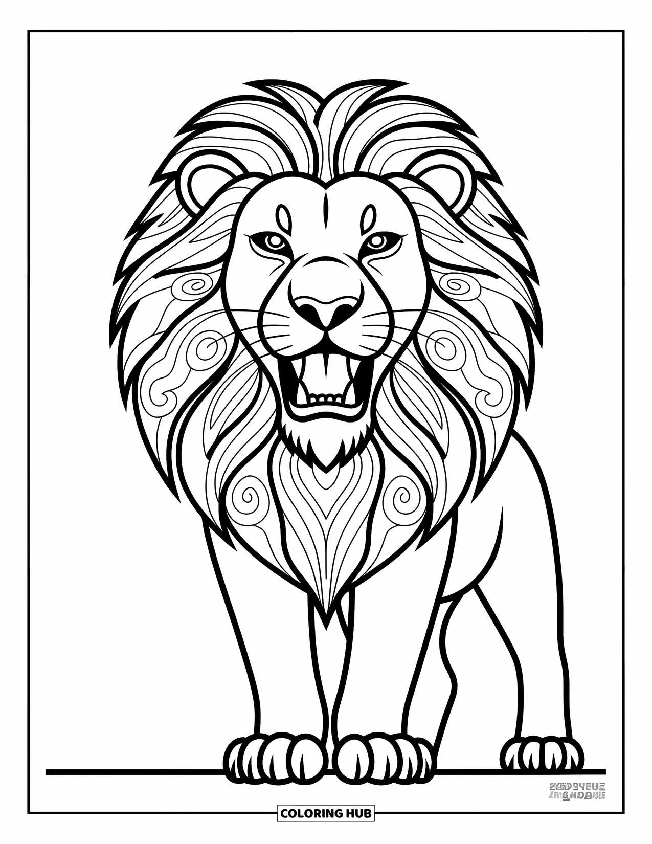 Kolorowanka z lwem dla dzieci: Ryczący lew stoi dumnie, a jego wirująca grzywa dodaje mu dzikiego wyglądu