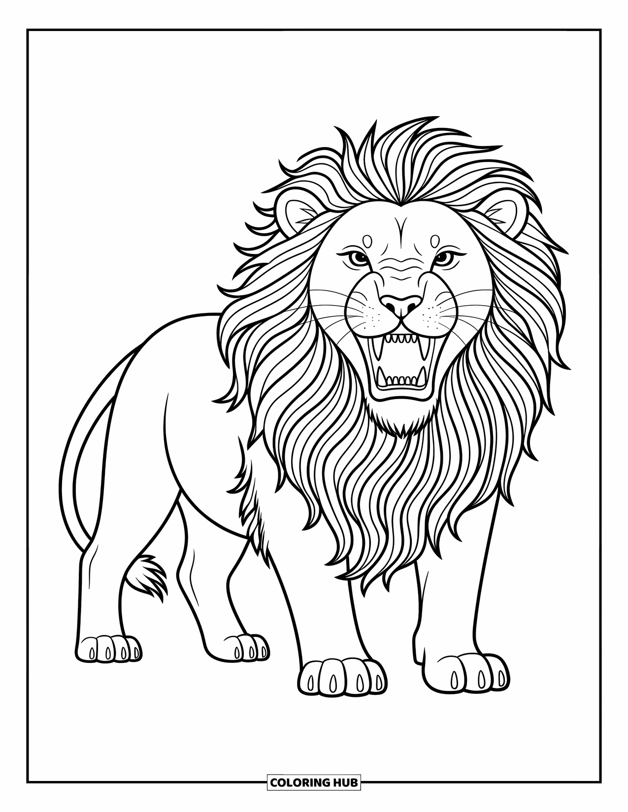 Kolorowanka z lwem dla dzieci: Ryczący lew stoi wysoko, a jego wirująca grzywa dodaje mu dzikiej energii
