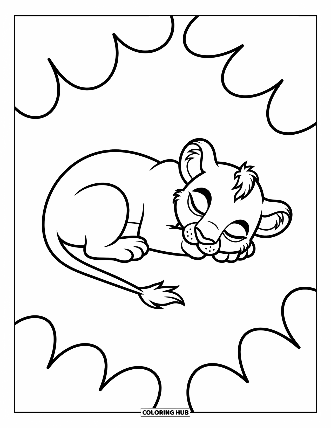 Kolorowanka z lwem dla dzieci: Śpiący lwiątko odpoczywa spokojnie, a jego małe ciało zwinięte jest do przytulnej drzemki