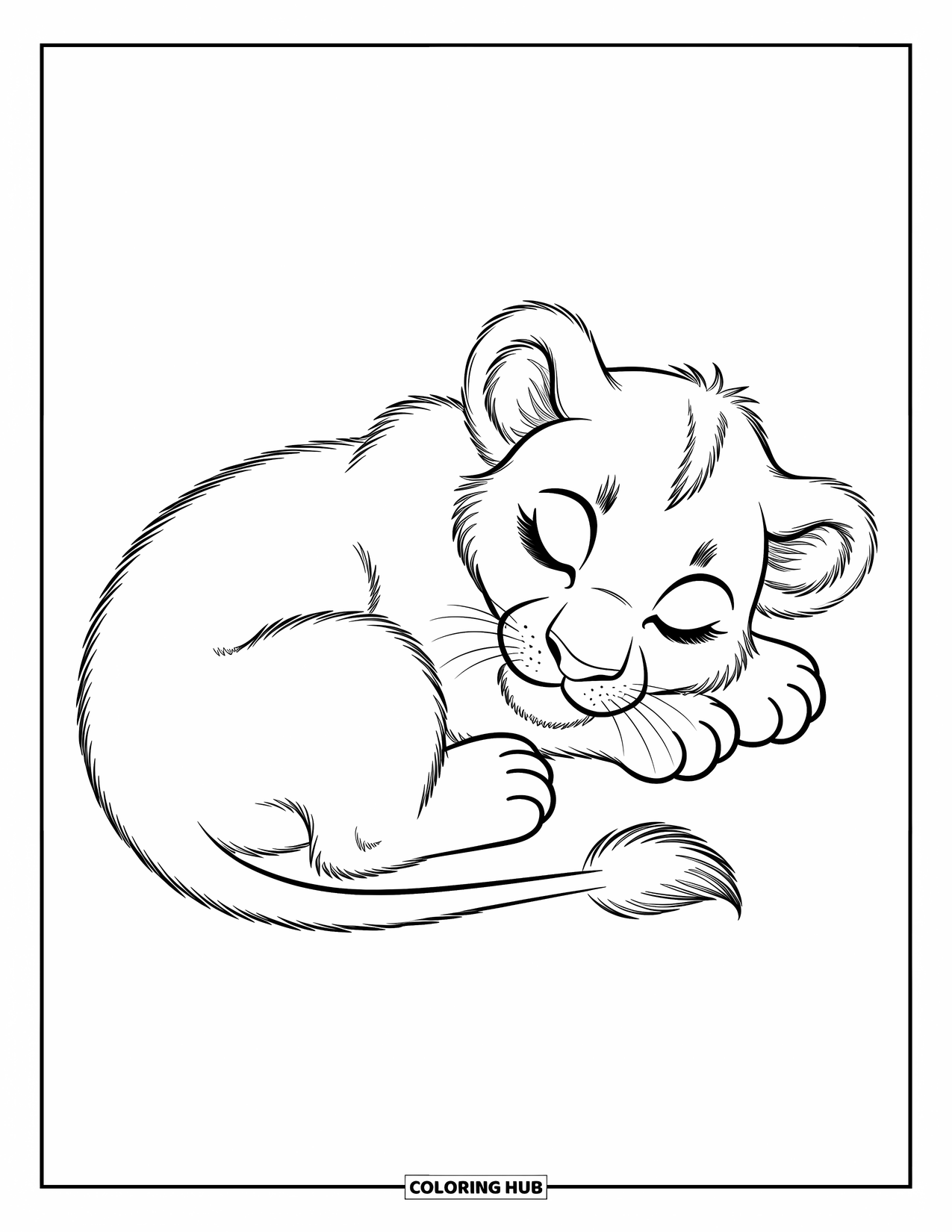 Kolorowanka z lwem dla dzieci: Maleńkie lwiątko śpi, owijając puszysty ogonek wokół rozluźnionego ciała