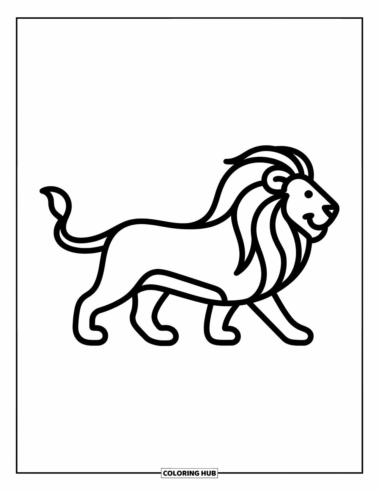 Kolorowanka z lwem dla dzieci: Idący lew z powiewającą grzywą i zakrzywionym ogonem porusza się z gracją do przodu