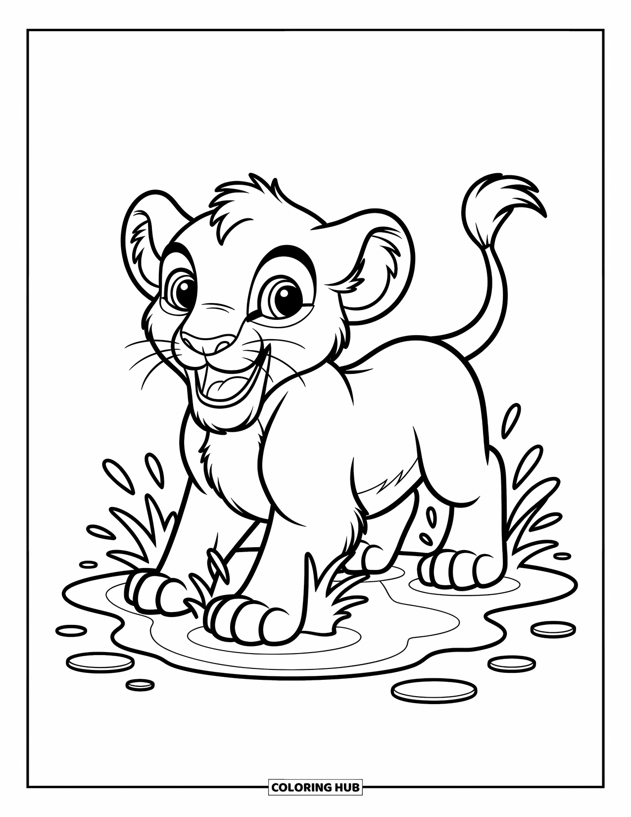Kolorowanka z lwem dla dzieci: Młode lwiątko radośnie wskakuje do kałuży, tworząc drobne fale w wodzie