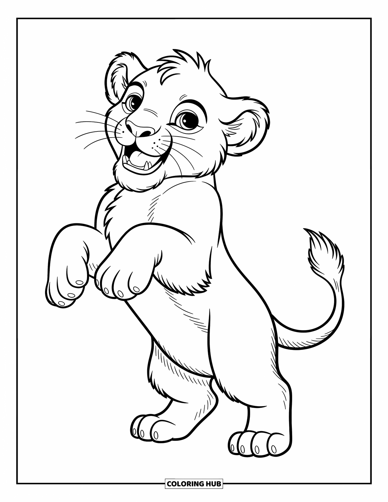 Kolorowanka z lwem dla dzieci: Młode lwiątko stoi dumnie, a jego figlarny ryk jest pełen ekscytacji i energii