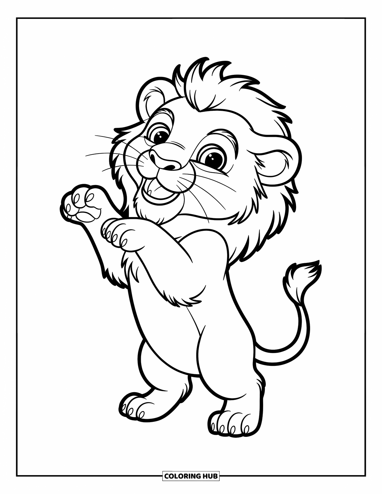 Kolorowanka z lwem dla dzieci: Młody lew stoi dumnie, udając ryk z dziką determinacją