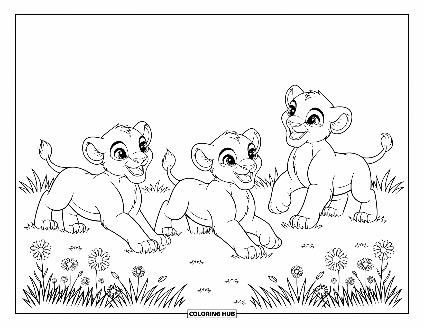 Kolorowanka z lwem dla dzieci: Trzy lwiątka radośnie turlają się po łące, otoczone kołyszącymi się kwiatami