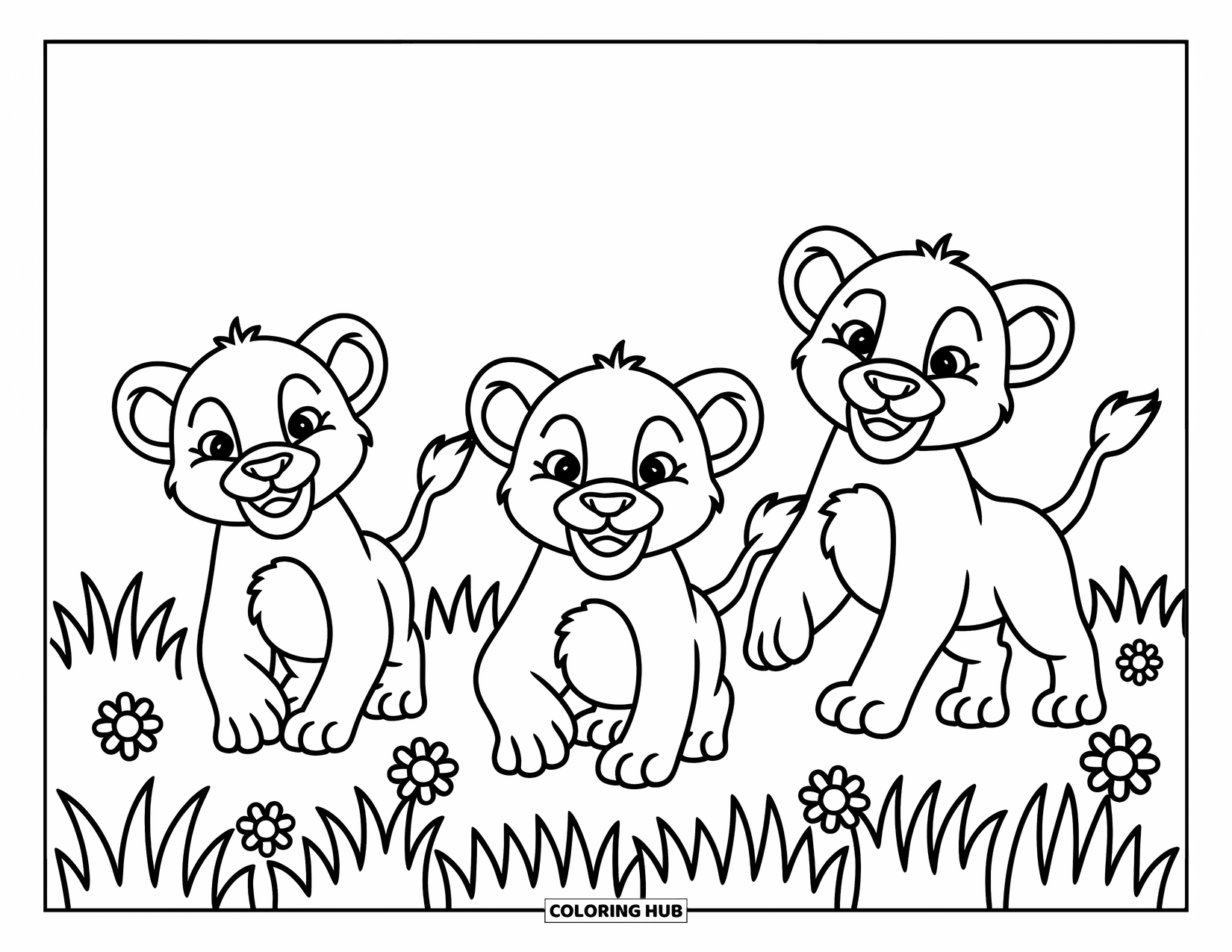 Kolorowanka z lwem dla dzieci: Trzy lwy baraszkują na polu, a ich okrągłe twarze są pełne energii i podekscytowania