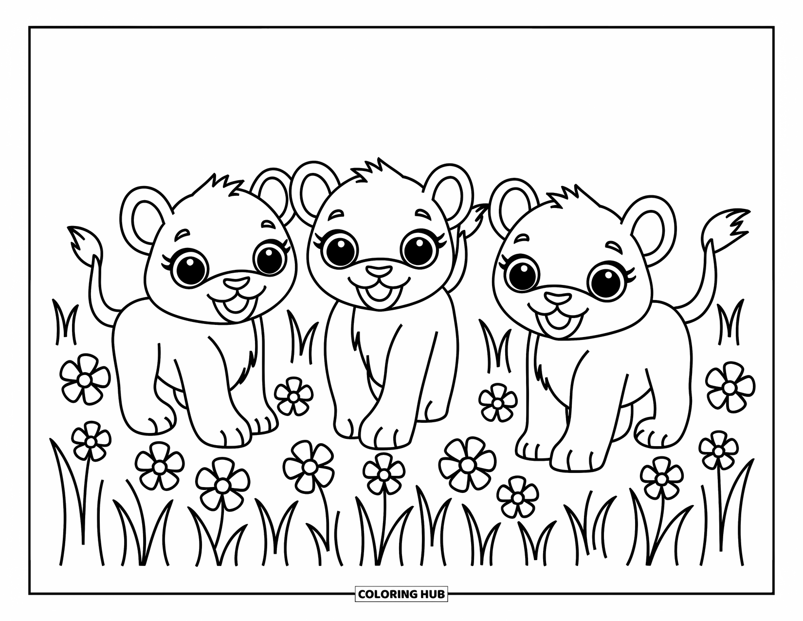 Kolorowanka z lwem dla dzieci: Trzy figlarne lwy baraszkują po trawiastym polu, a ich radosne wyrazy twarzy są pełne radości