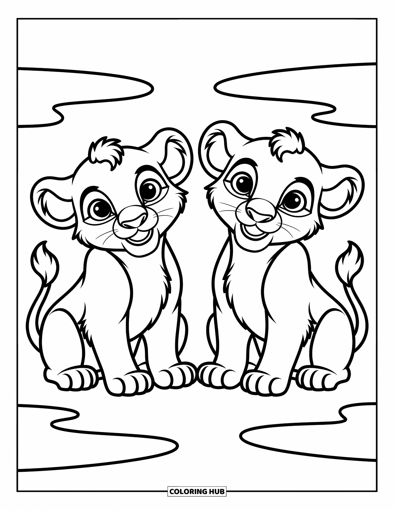 Kolorowanka z lwem dla dzieci: Dwa urocze lwiątka siedzą figlarnie na trawiastym polu, a ich duże oczy są pełne zachwytu
