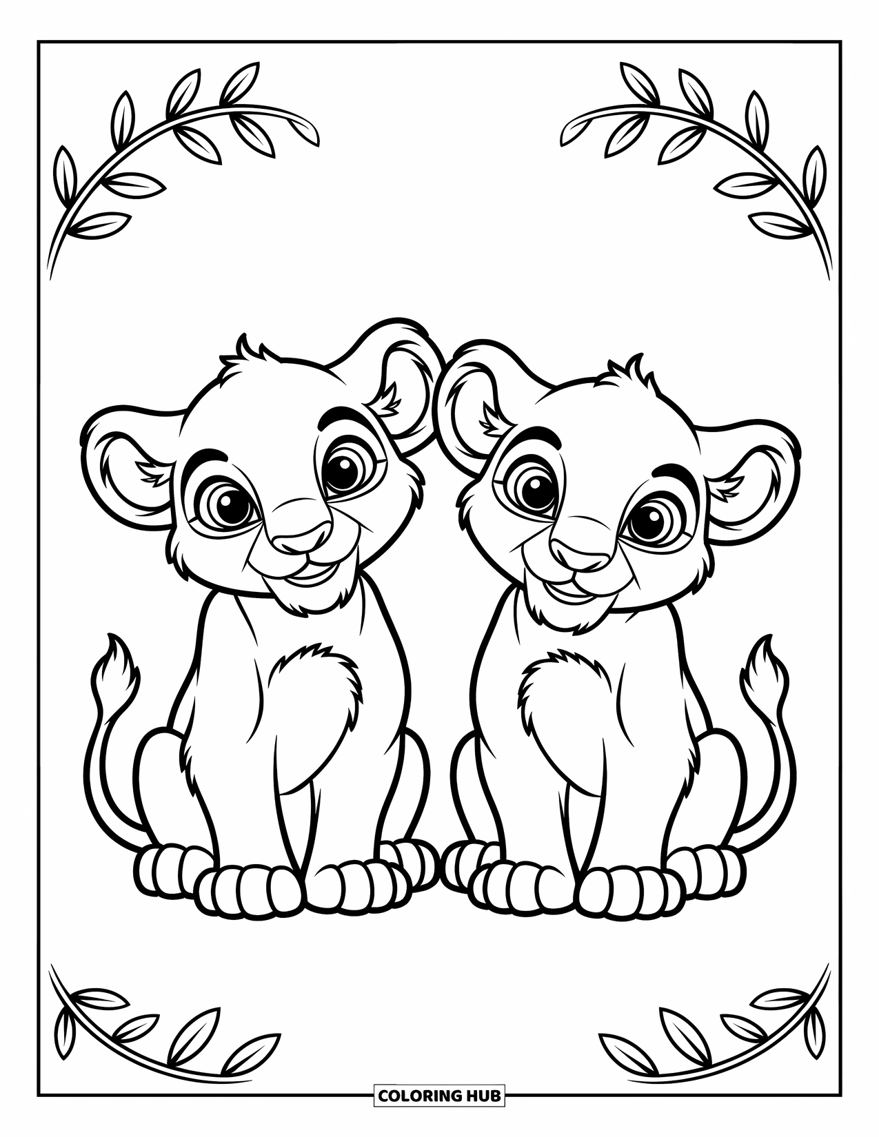 Kolorowanka z lwem dla dzieci: Dwa urocze lwiątka siedzą obok siebie, a ich duże, okrągłe oczy są pełne ciekawości