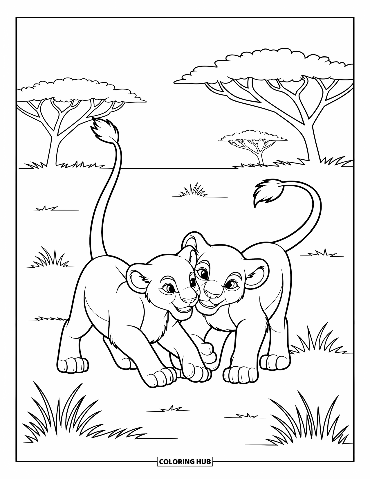 Kolorowanka z lwem dla dzieci: Dwa lwiątka zapasy się w trawie, a ich figlarna energia jest uchwycona w ruchu