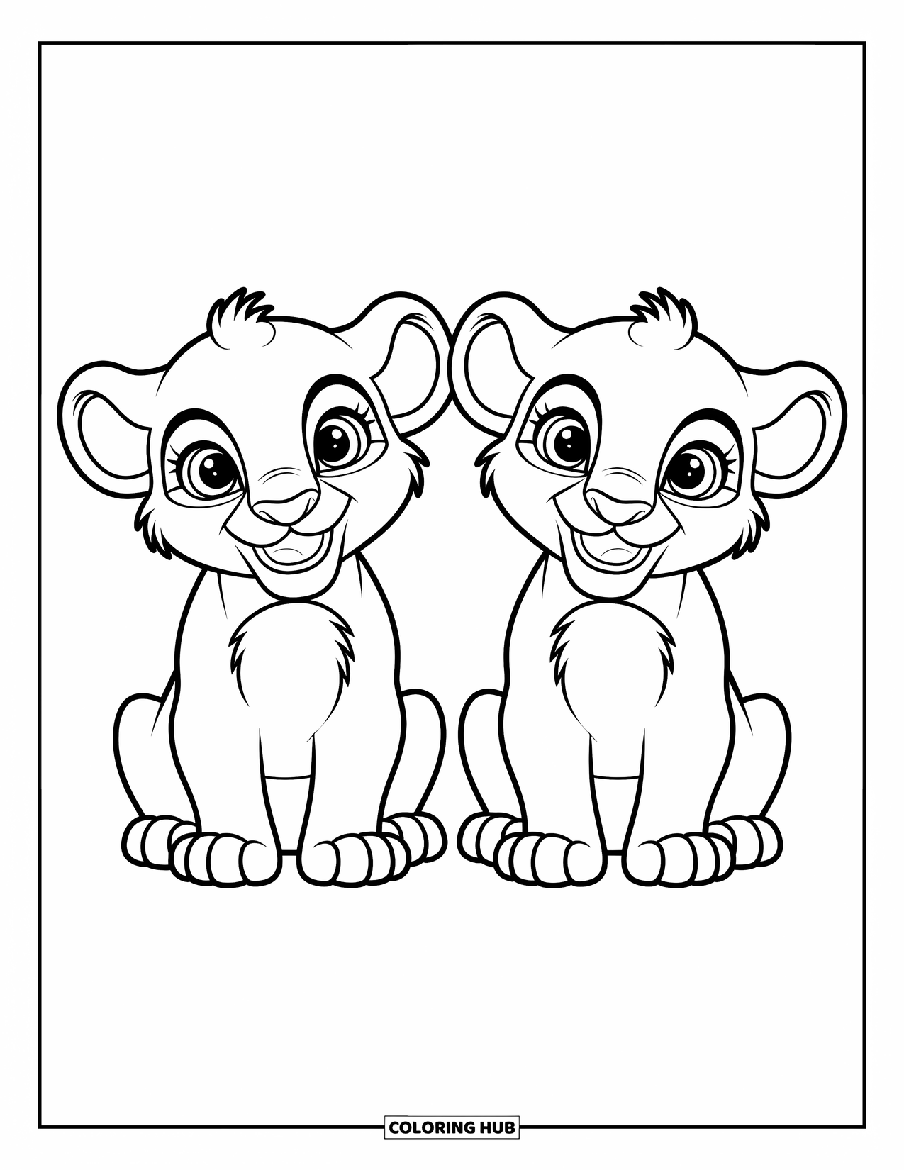 Kolorowanka z lwem dla dzieci: Dwa figlarne lwiątka siedzą szczęśliwie razem, a ich maleńkie kępki włosów dodają im uroku