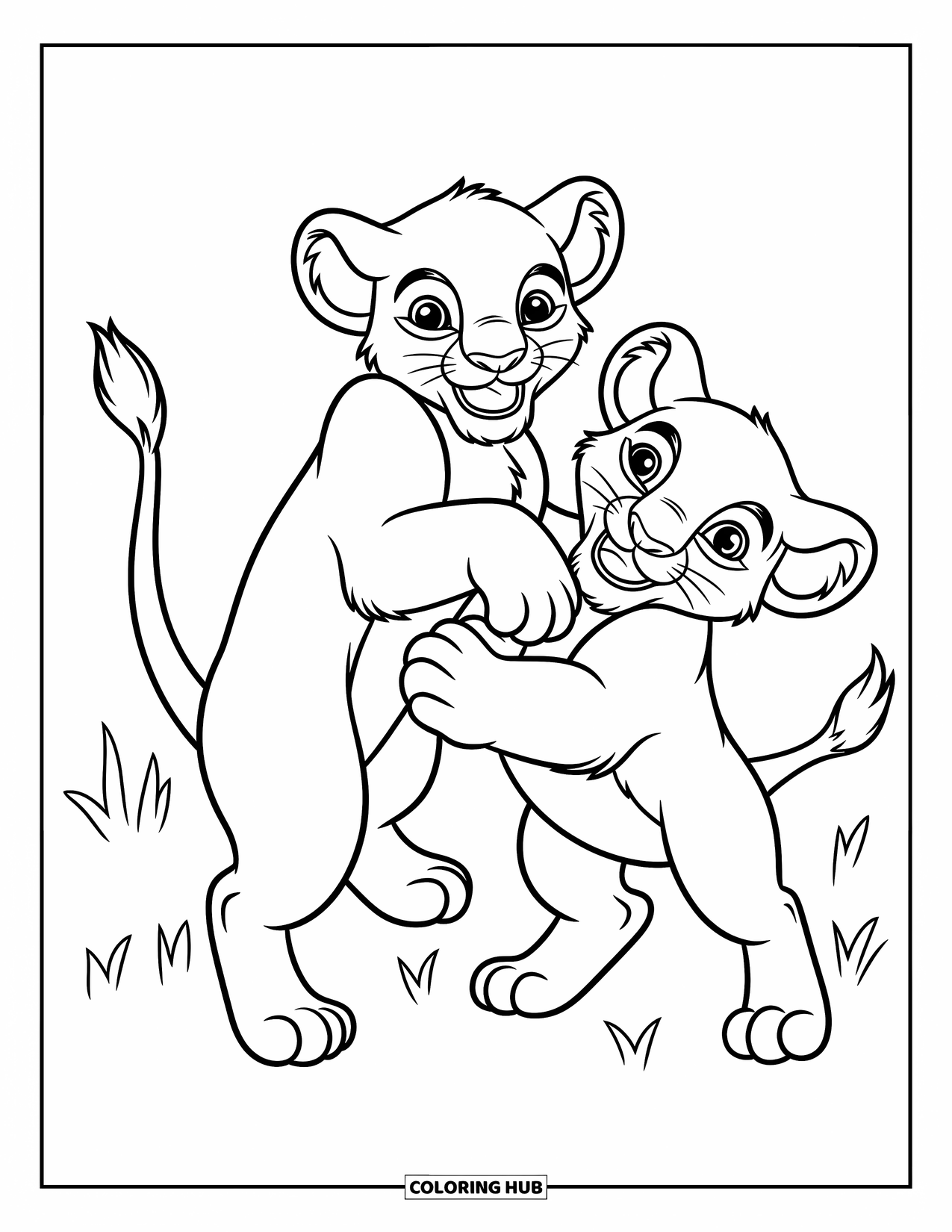 Kolorowanka z lwem dla dzieci: Dwa figlarne lwiątka zapasy radośnie, a ich ogony splątane są w przyjacielski splot