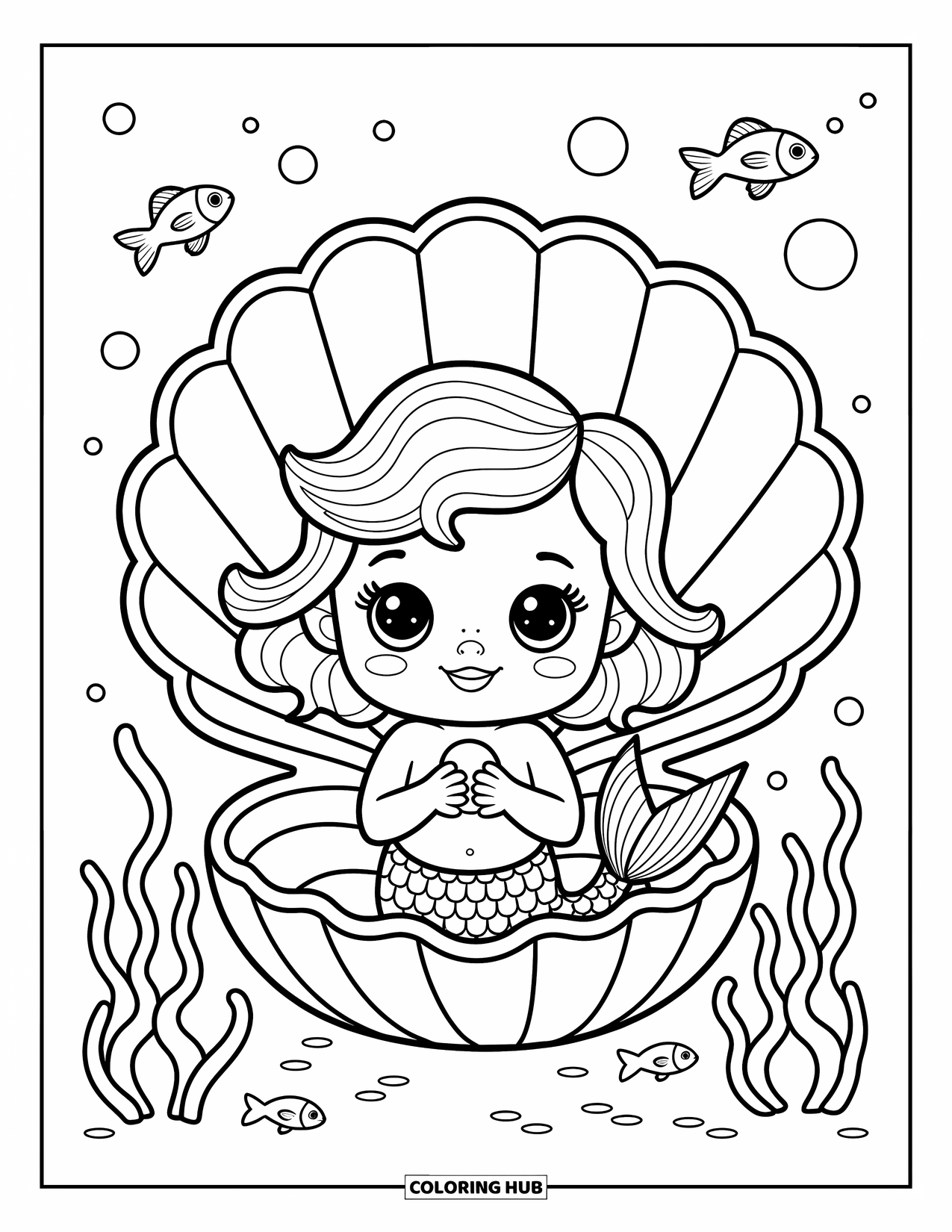 Mermaid Coloring Page for Adults: A baby mermaid peeks from a giant seashell, cradling a tiny pearl while small fish curiously swim around her