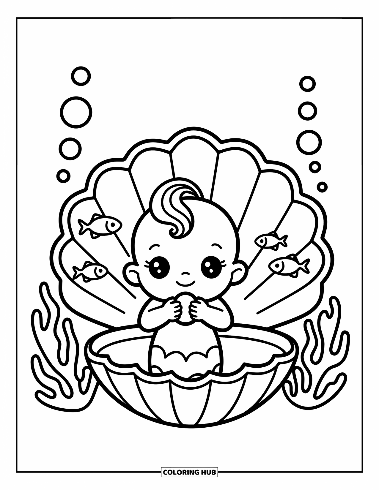 Mermaid Coloring Page for Adults: A baby mermaid with wavy hair gently holds a pearl while peeking out of a giant seashell, surrounded by tiny fish