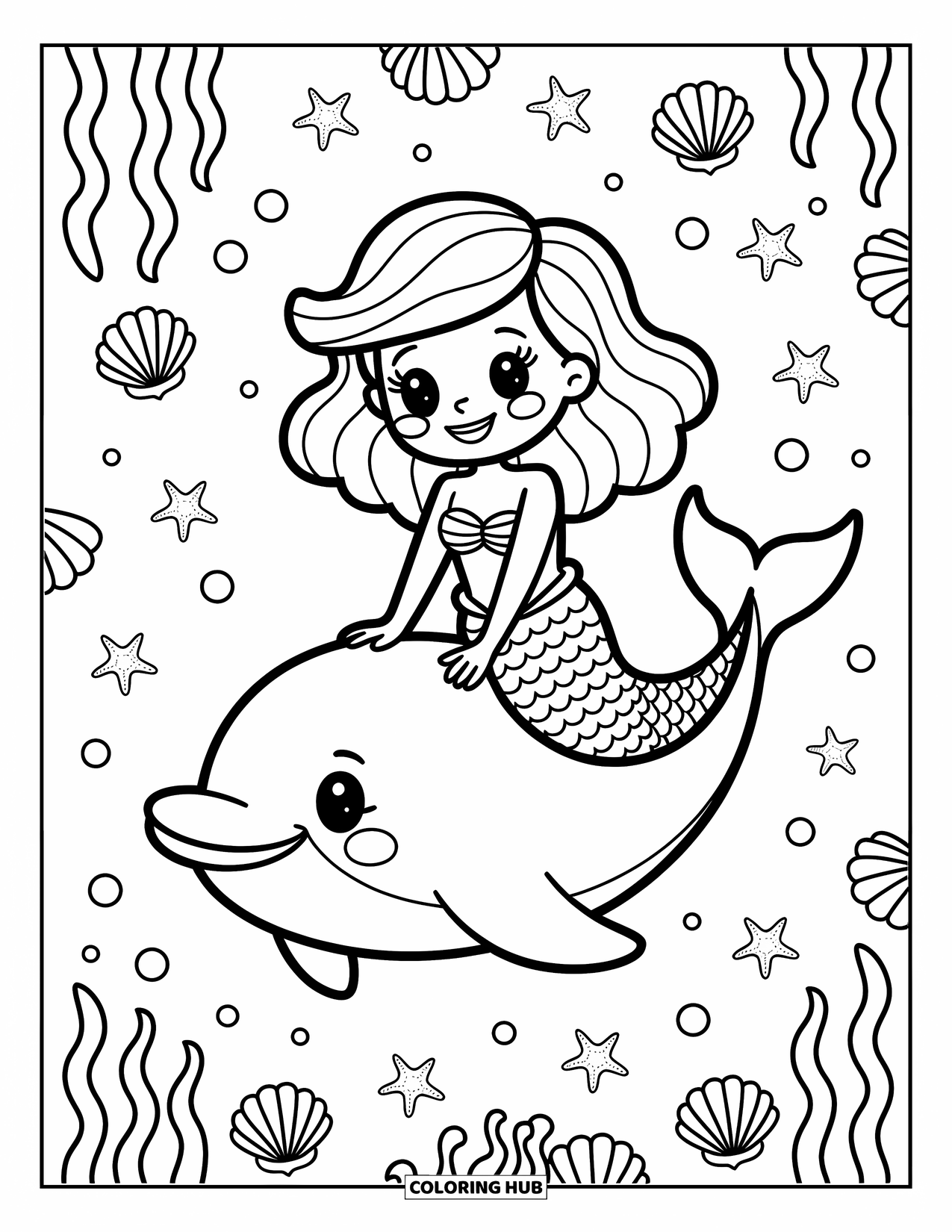 Mermaid Coloring Page for Adults: A cheerful mermaid sits on a sea lily pad, blowing bubbles that form tiny hearts, as a turtle peeks up in wonder