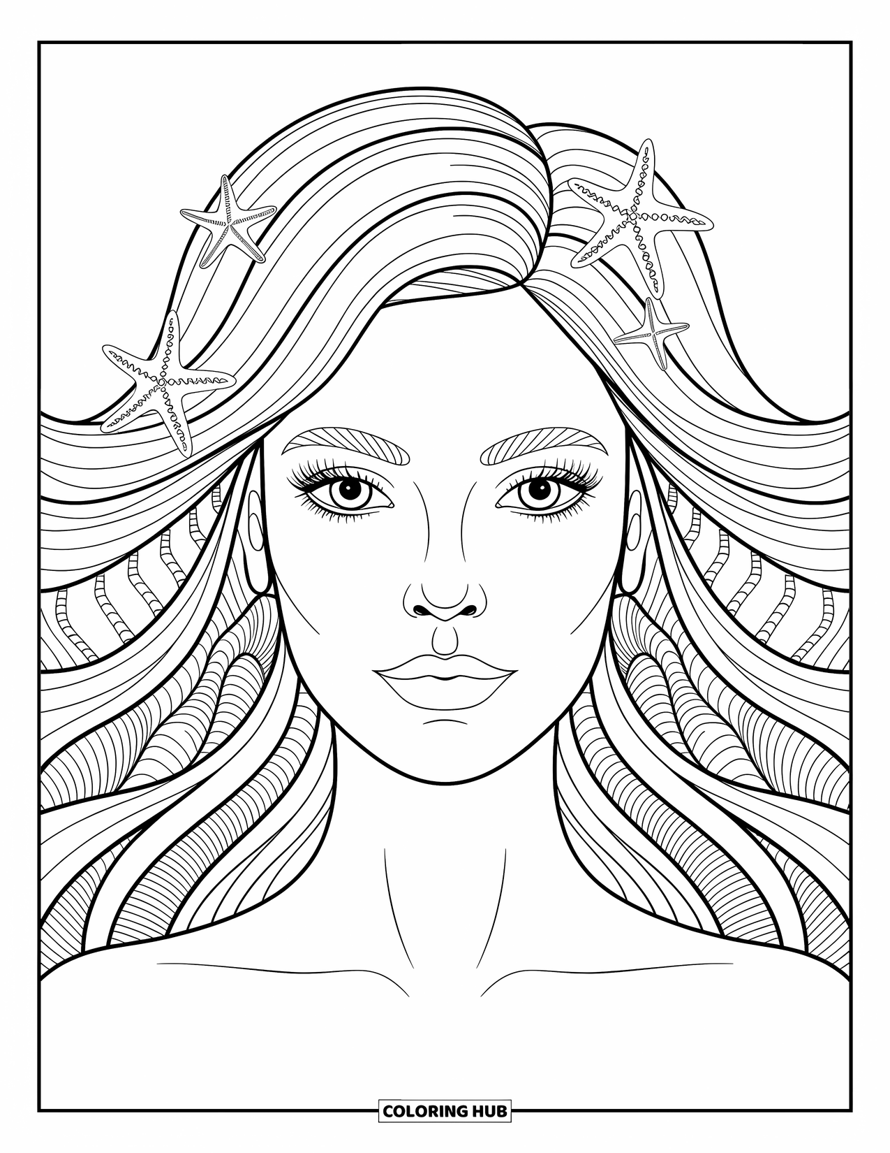 Mermaid Coloring Page for Adults: A close-up of a mermaid's face, framed by flowing hair woven with seashell and starfish patterns
