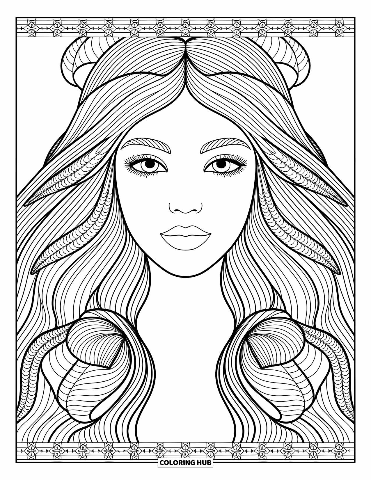Mermaid Coloring Page for Adults: A close-up of a mermaid's face, her flowing hair woven with seashell and starfish patterns in intricate detail