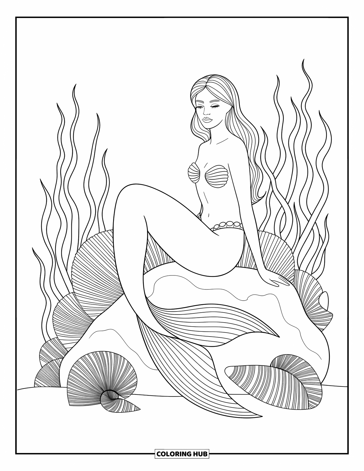Mermaid Coloring Page for Adults: A graceful mermaid rests on a rock, surrounded by flowing seaweed, seashells, and intricate ocean patterns