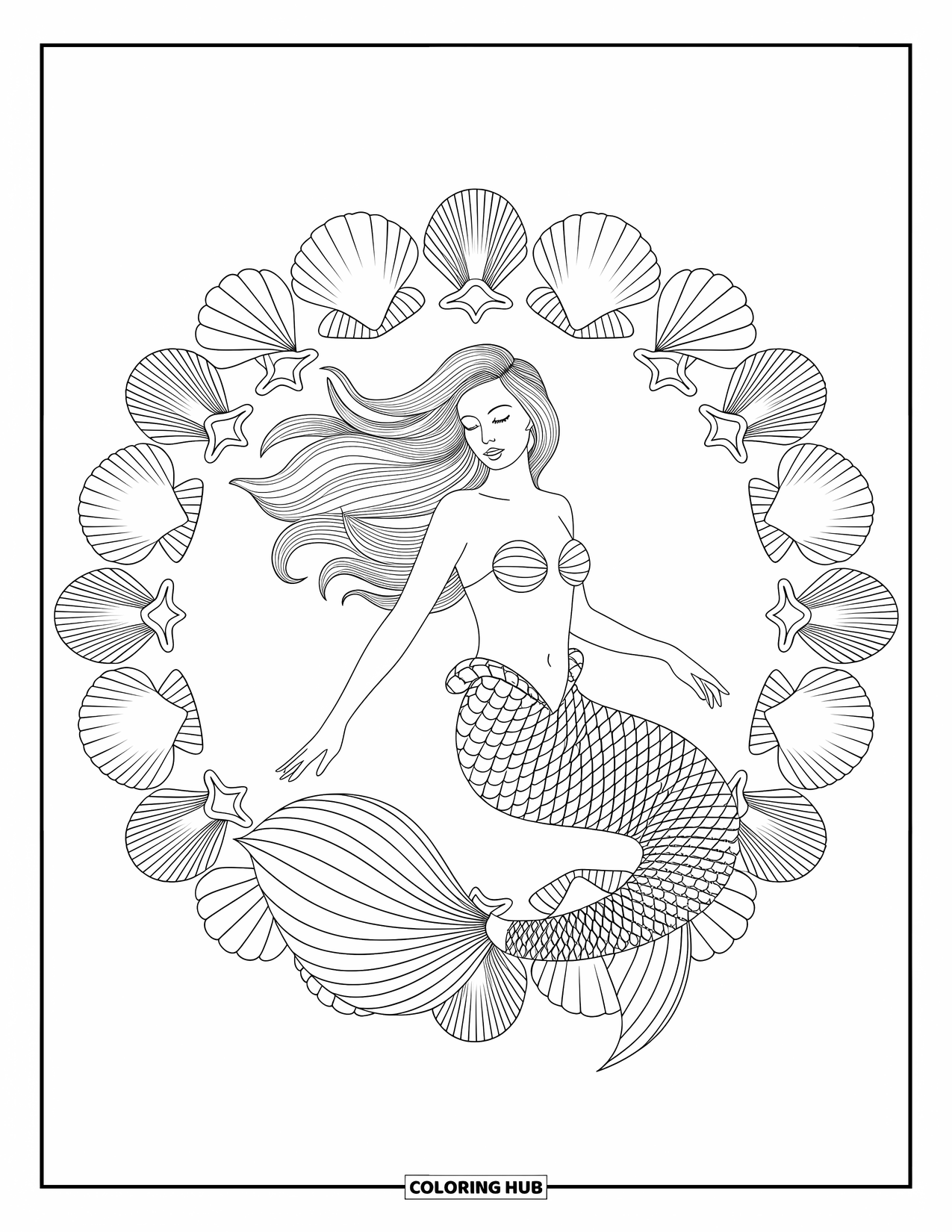 Mermaid Coloring Page for Adults: A graceful mermaid with a serene expression is encircled by intricate seashell and starfish mandala patterns