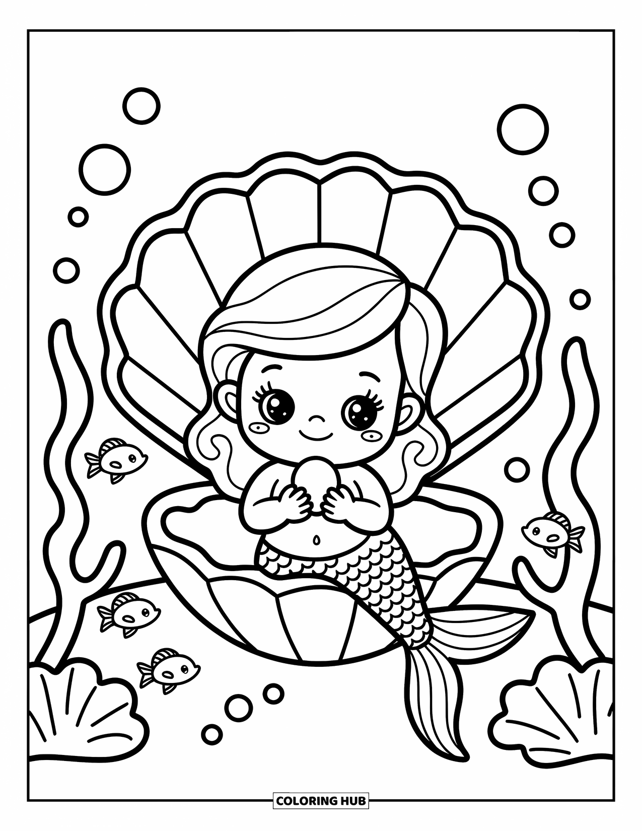 Mermaid Coloring Page for Adults: A mermaid and a cheerful dolphin glide through the water, surrounded by floating seashells and playful starfish