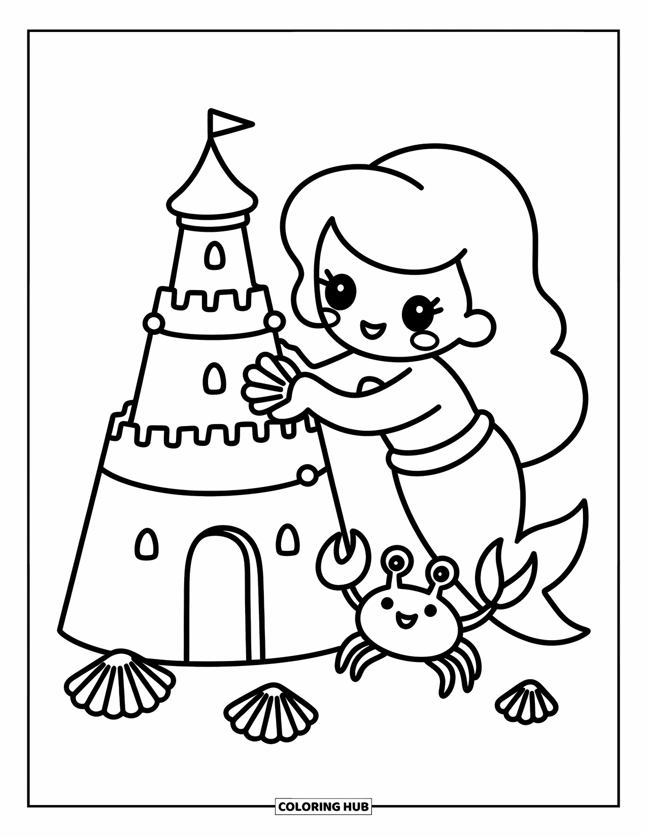 Mermaid Coloring Page for Adults: A mermaid carefully places seashells on a towering sandcastle while a crab helps