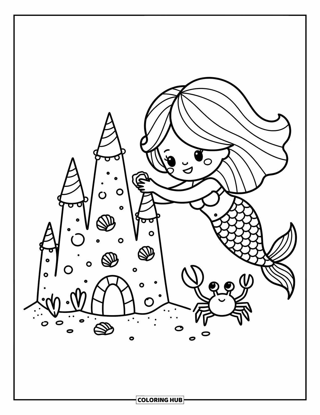Mermaid Coloring Page for Adults: A mermaid decorates a giant sandcastle, adding tiny pearls as a crab offers a shell