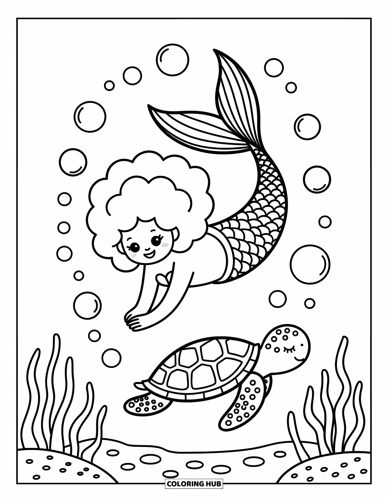Mermaid Coloring Page for Adults: A mermaid drifts upside down, her cloud-like hair billowing as a sea turtle glides beneath her