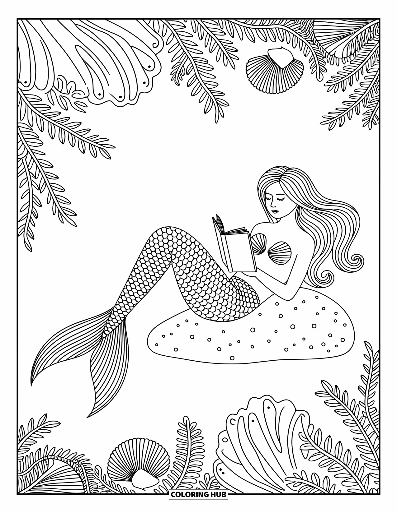 Mermaid Coloring Page for Adults: A mermaid enjoys a quiet moment with a book, resting on a sea rock among coral and swaying seaweed