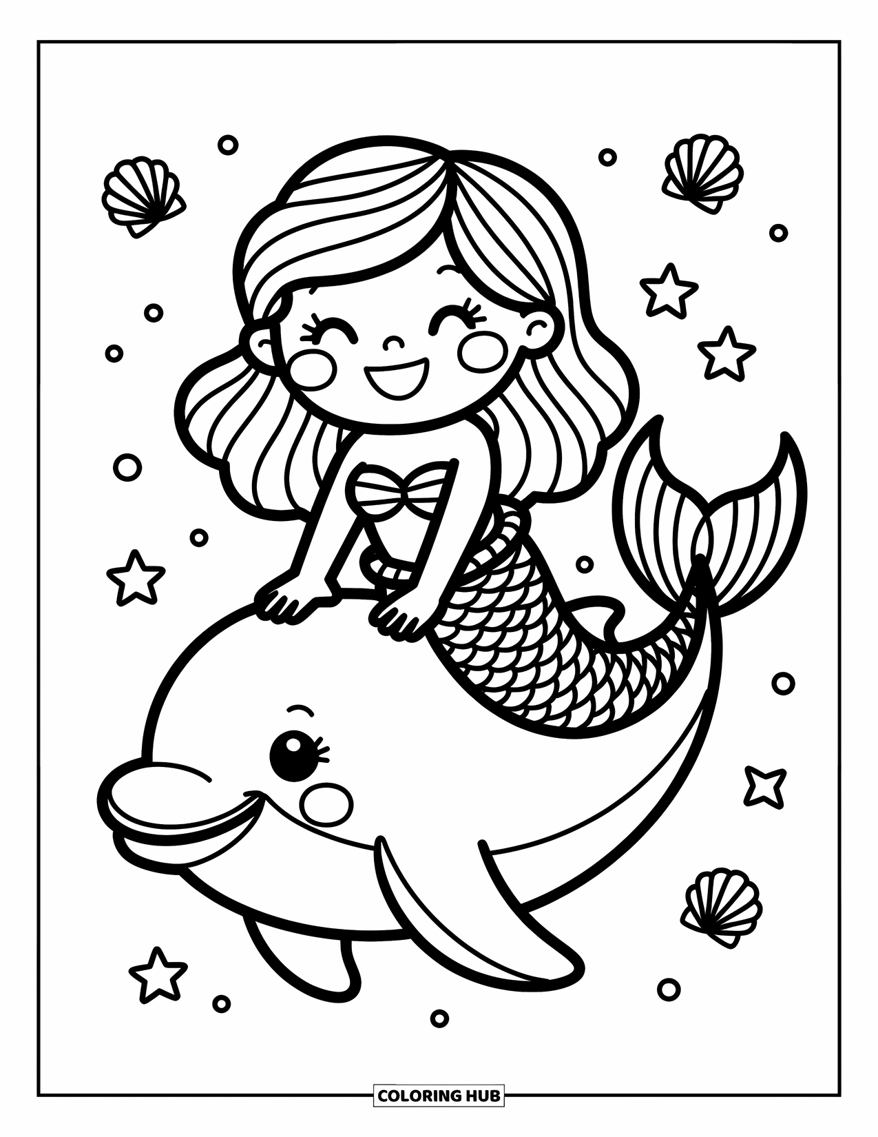 Mermaid Coloring Page for Adults: A mermaid floats on a lily pad, sending heart-shaped bubbles into the air while a curious turtle watches nearby