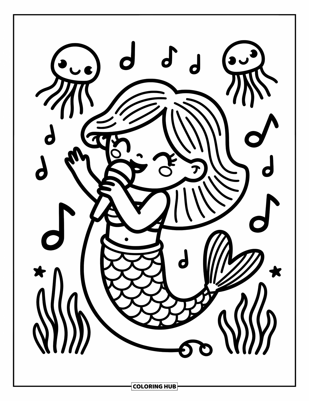 Mermaid Coloring Page for Adults: A mermaid holds a seashell microphone, singing joyfully as jellyfish sway around her