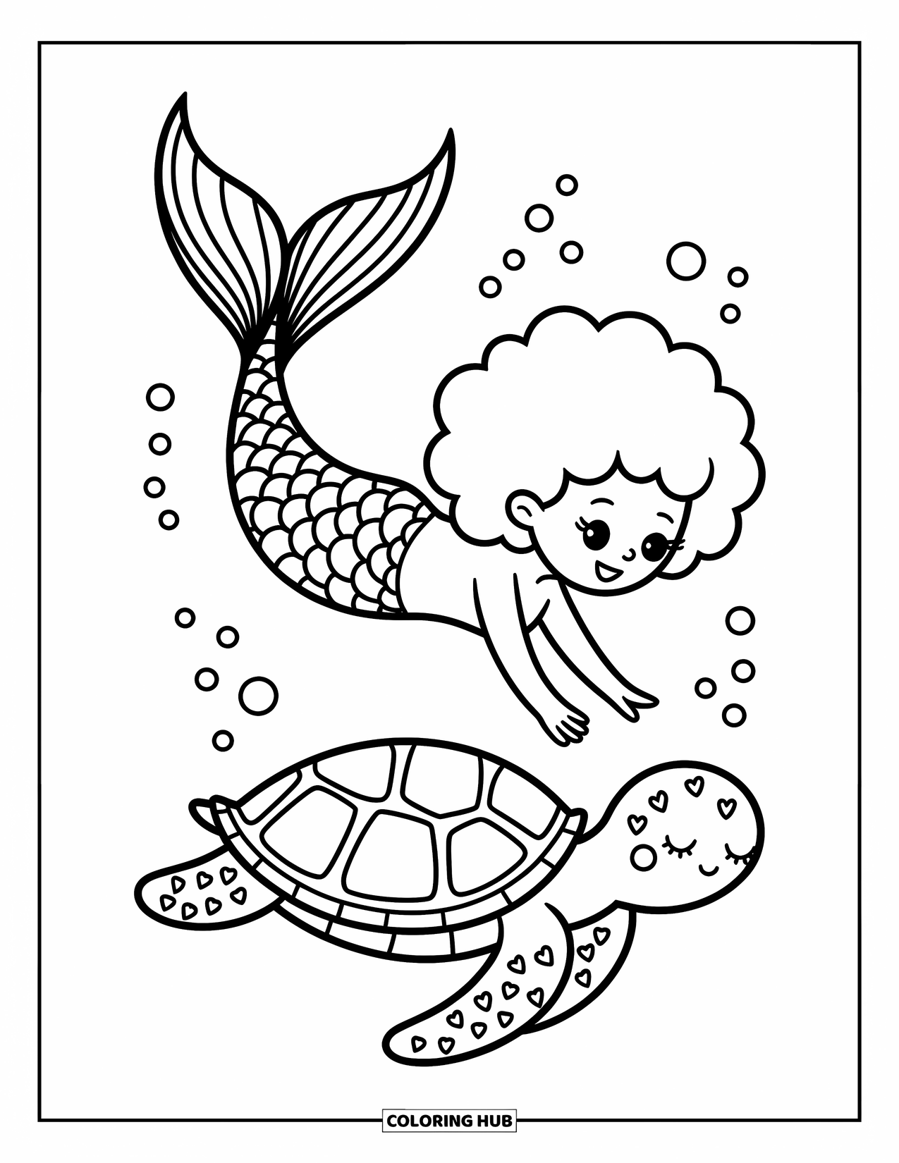Mermaid Coloring Page for Adults: A mermaid in a seashell teacup sips from a pearl cup, while a fish in a bowtie gracefully floats by