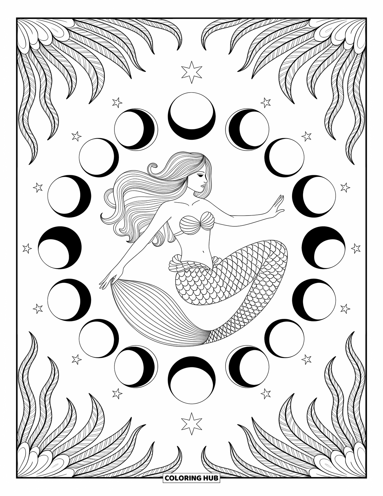 Mermaid Coloring Page for Adults: A mermaid is encircled by moon phases, with sea plants and stars filling the space around her