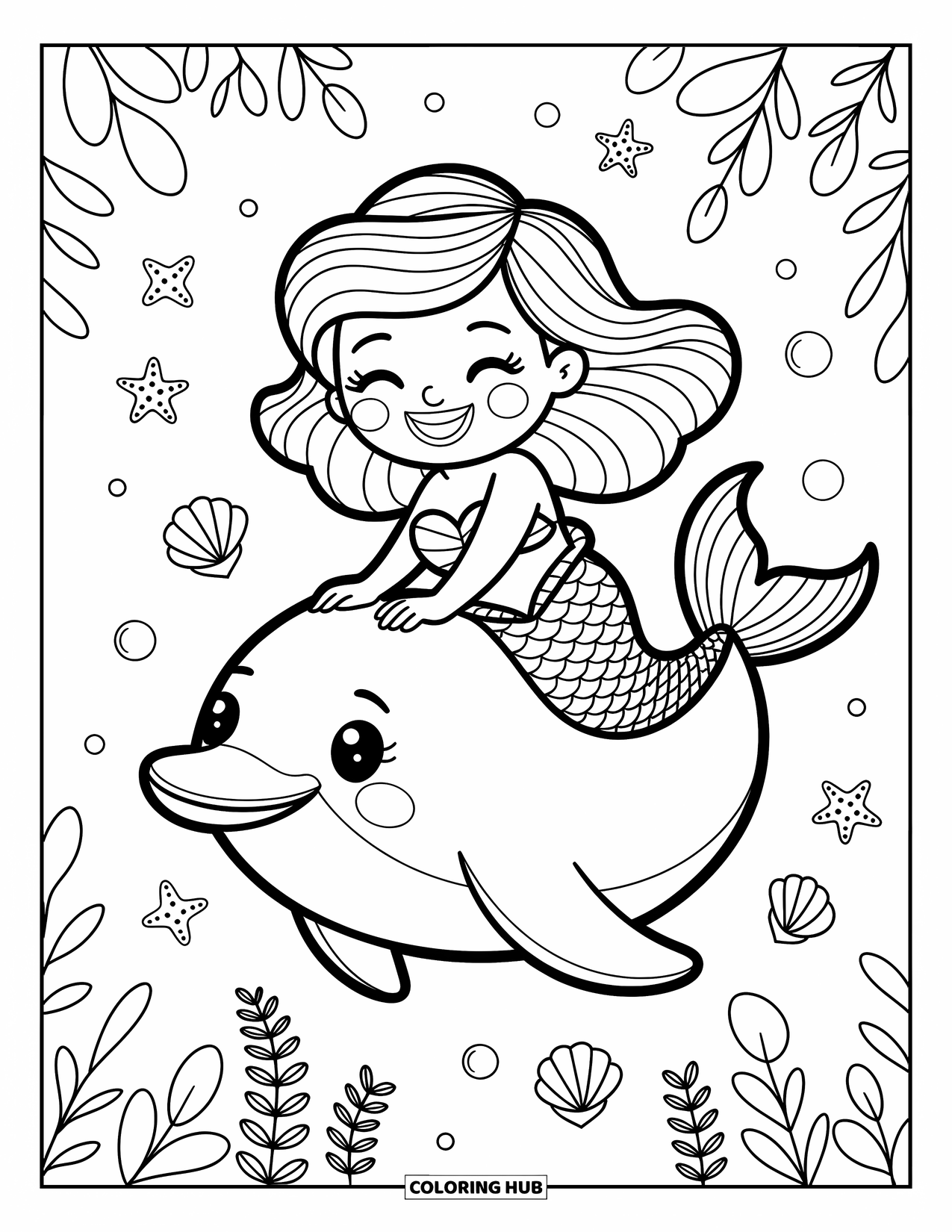 Mermaid Coloring Page for Adults: A mermaid joyfully sits atop a plump dolphin, her tiny hands holding onto its fin while seashells and bubbles surround them
