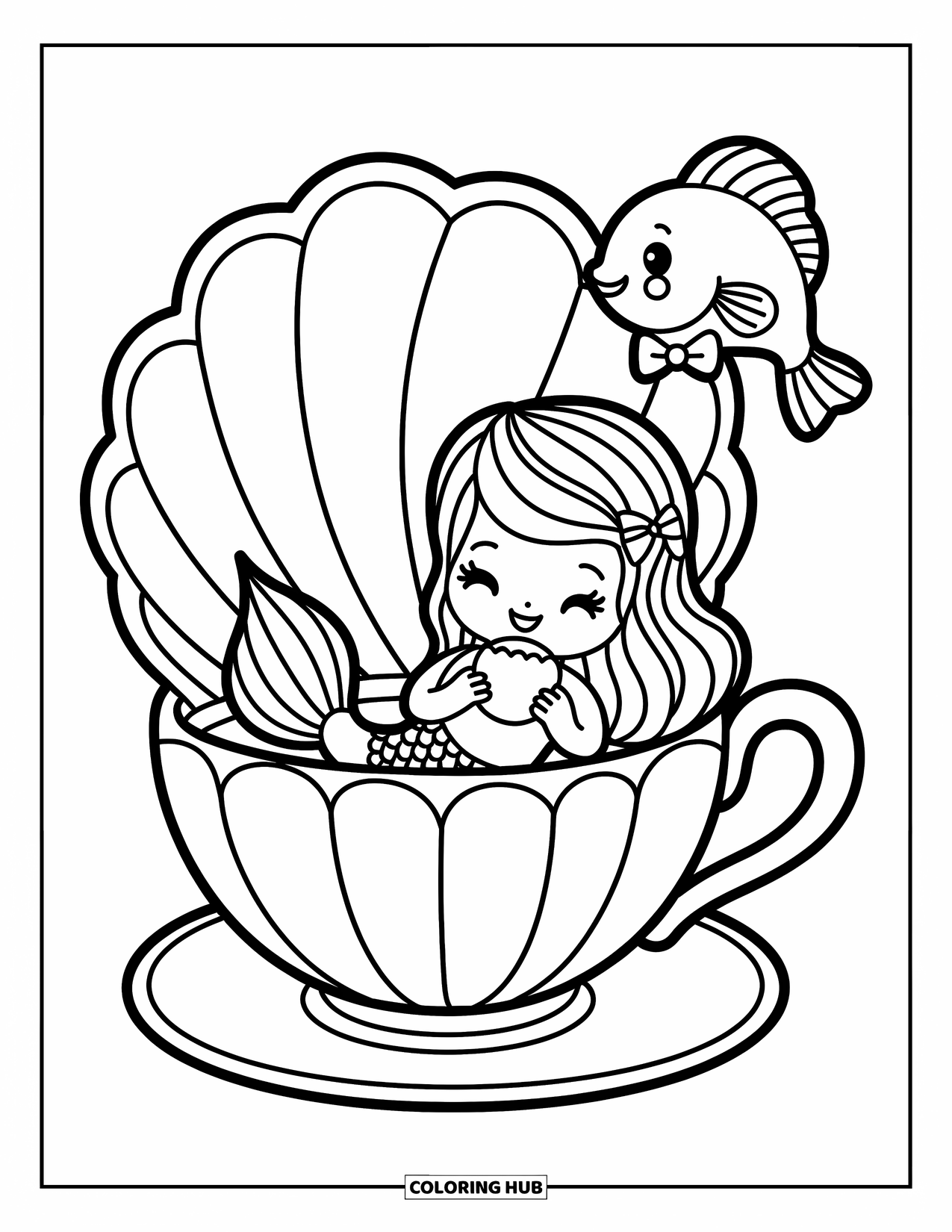 Mermaid Coloring Page for Adults: A mermaid lounges in a seashell teacup, sipping from a tiny pearl-shaped cup