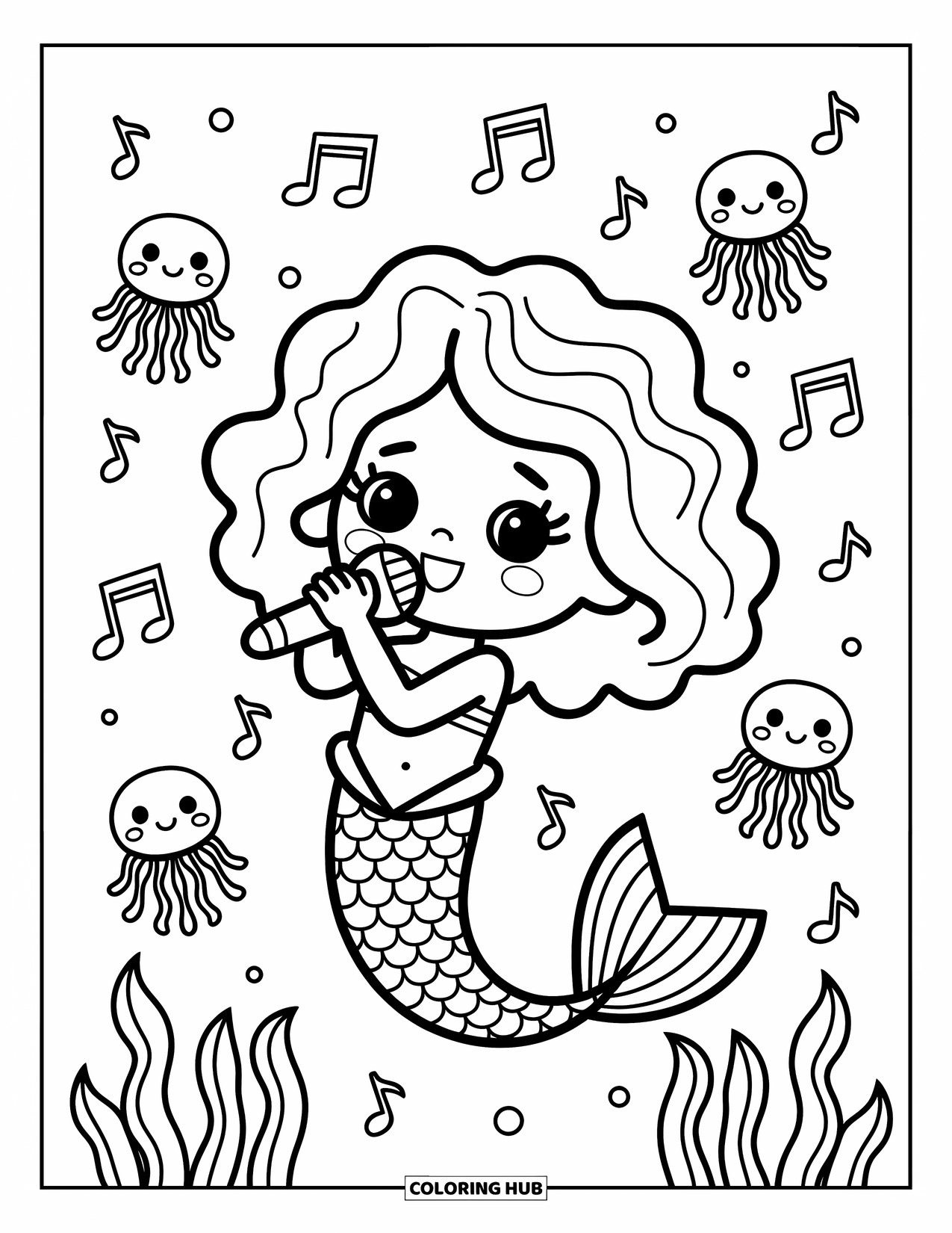 Mermaid Coloring Page for Adults: A mermaid performs an ocean concert, surrounded by musical notes and glowing jellyfish