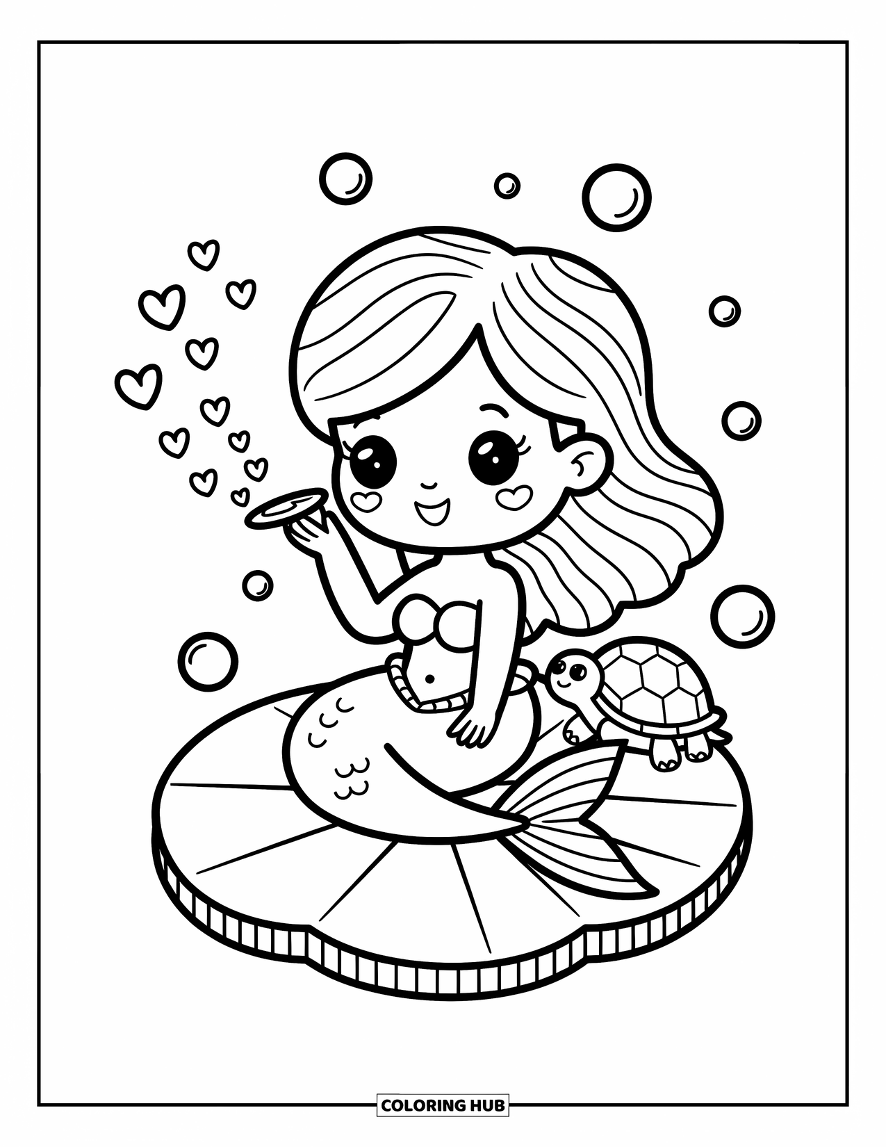Mermaid Coloring Page for Adults: A mermaid playfully hides behind coral, her braided hair flowing as she watches a small fish swim nearby
