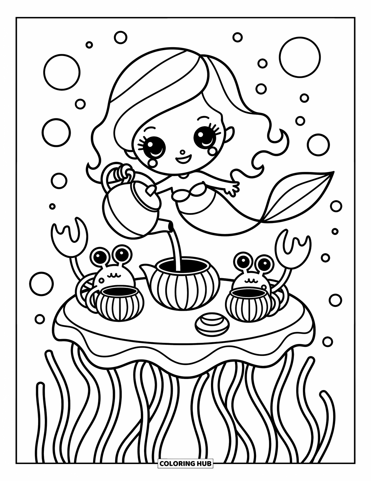 Mermaid Coloring Page for Adults: A mermaid pours water from a teapot into a seashell cup, her tiny crab friend holding another cup nearby