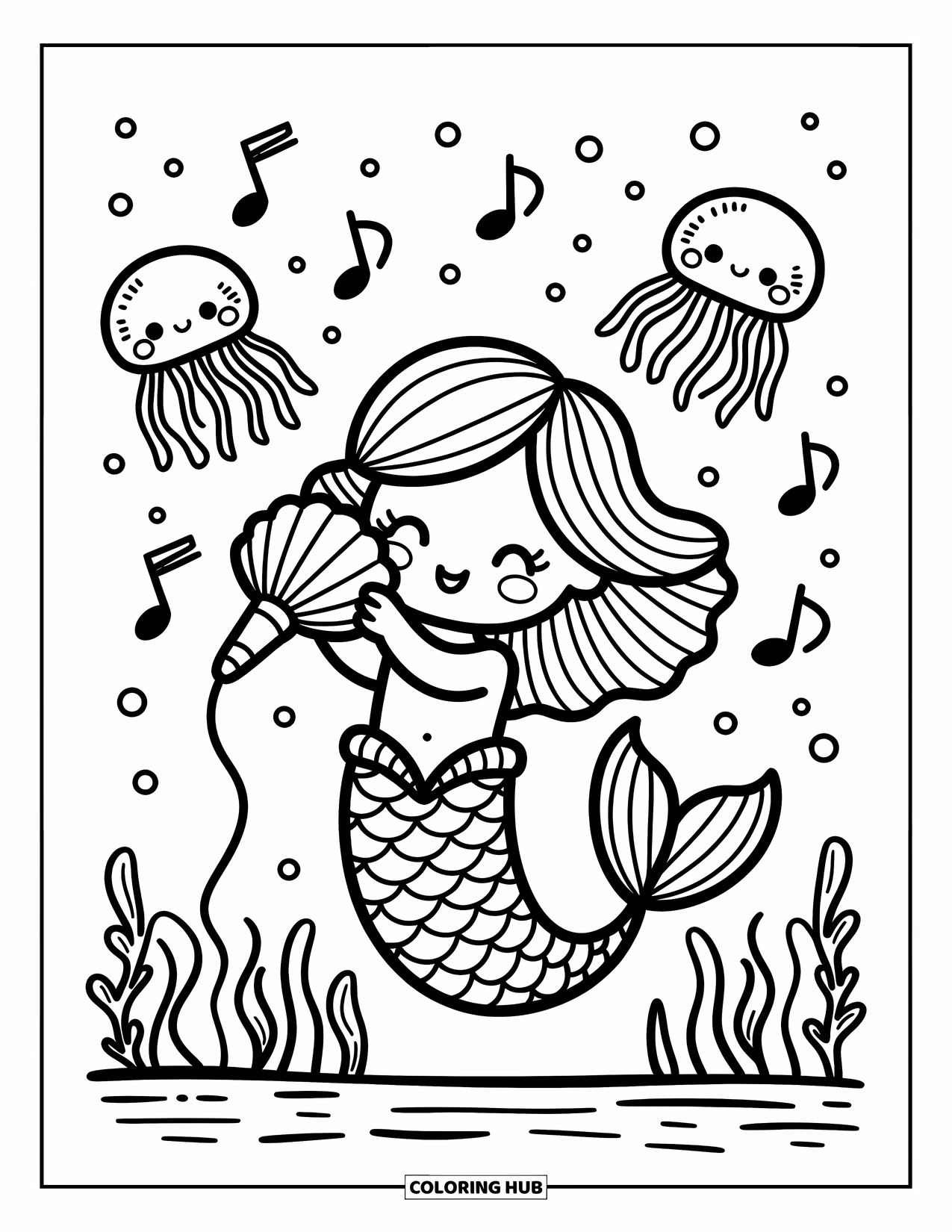 Mermaid Coloring Page for Adults: A mermaid pretends to sing with a seashell microphone while tiny jellyfish float nearby