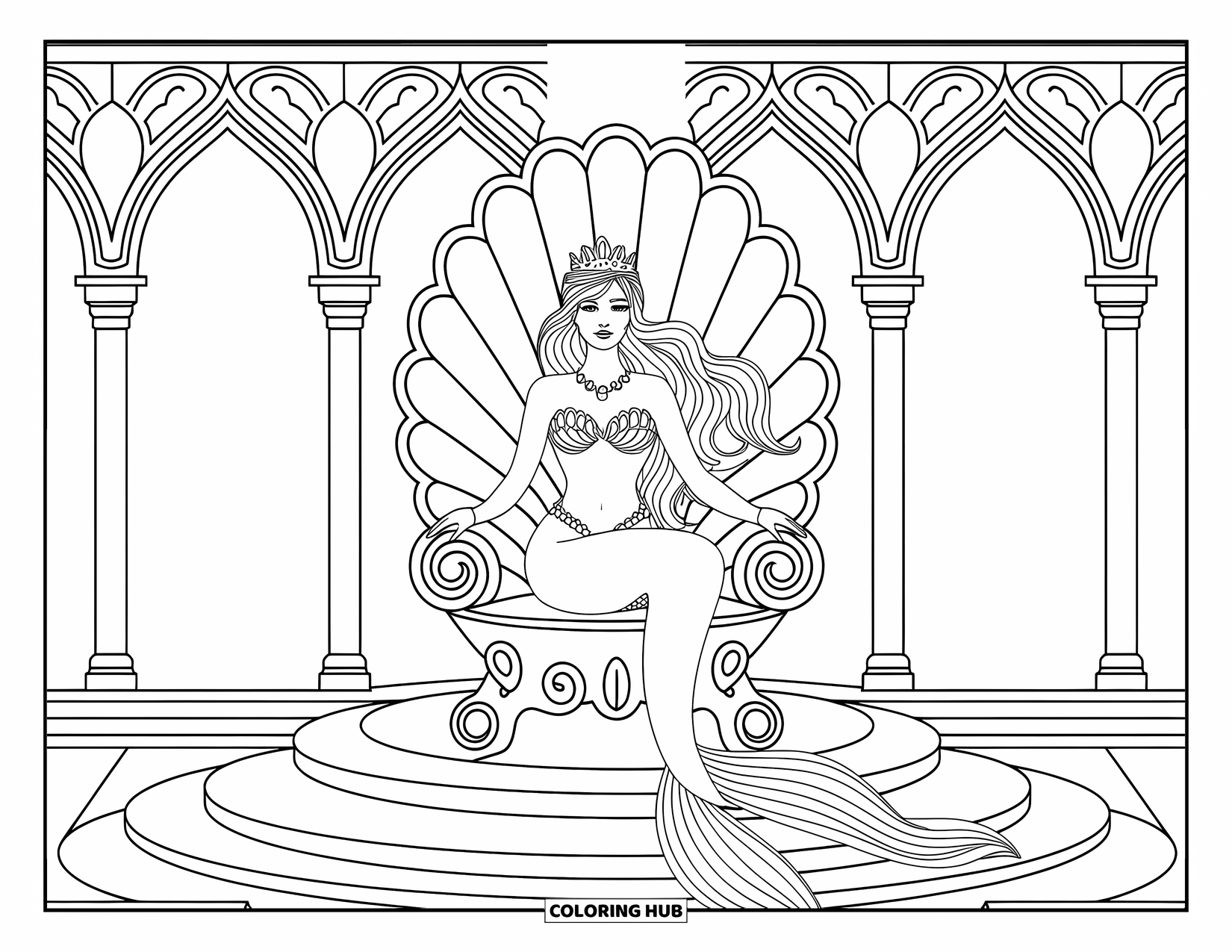 Mermaid Coloring Page for Adults: A mermaid queen sits on an ornate shell throne, her flowing hair cascading around her in elegant waves