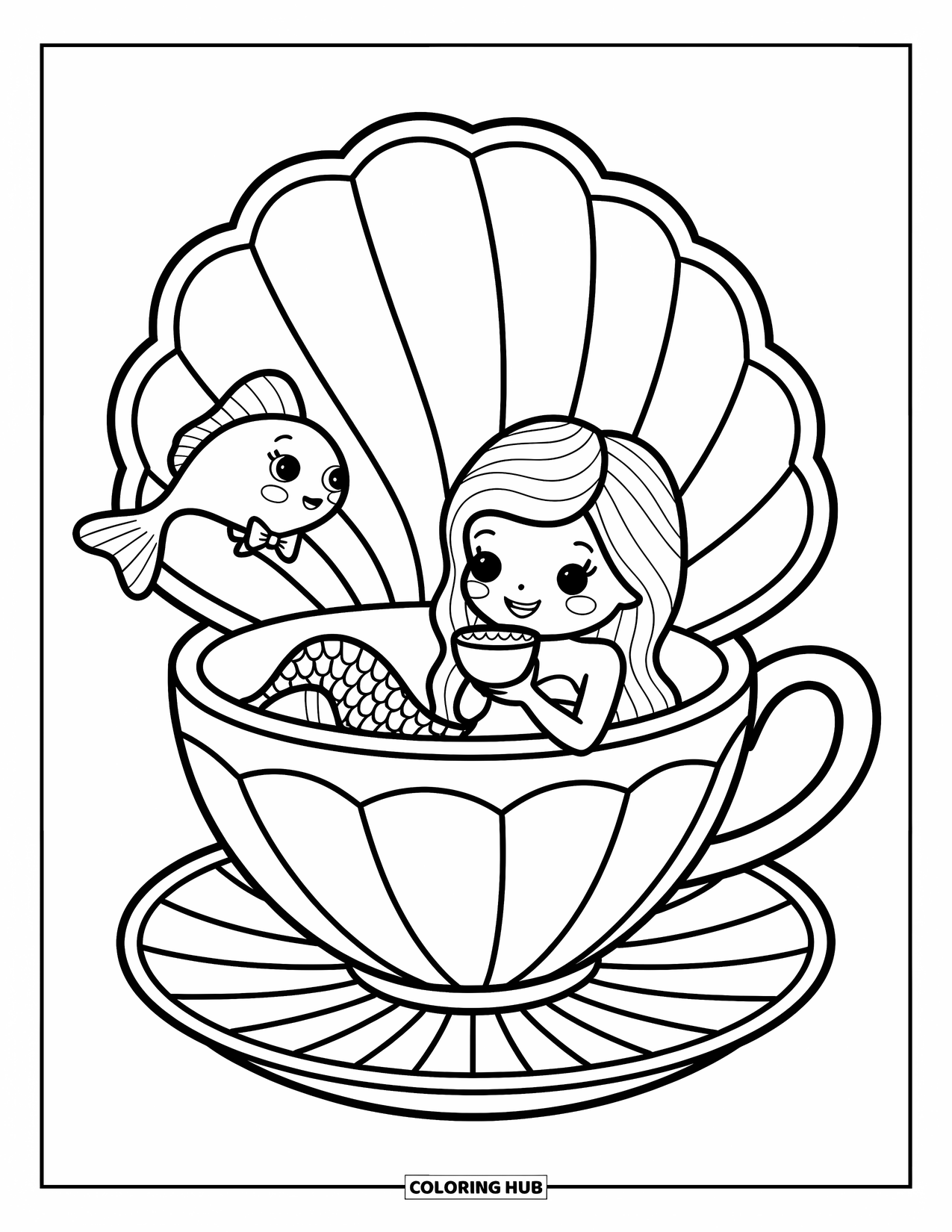 Mermaid Coloring Page for Adults: A mermaid rests in a seashell teacup, enjoying a tiny drink while a fish offers another cup