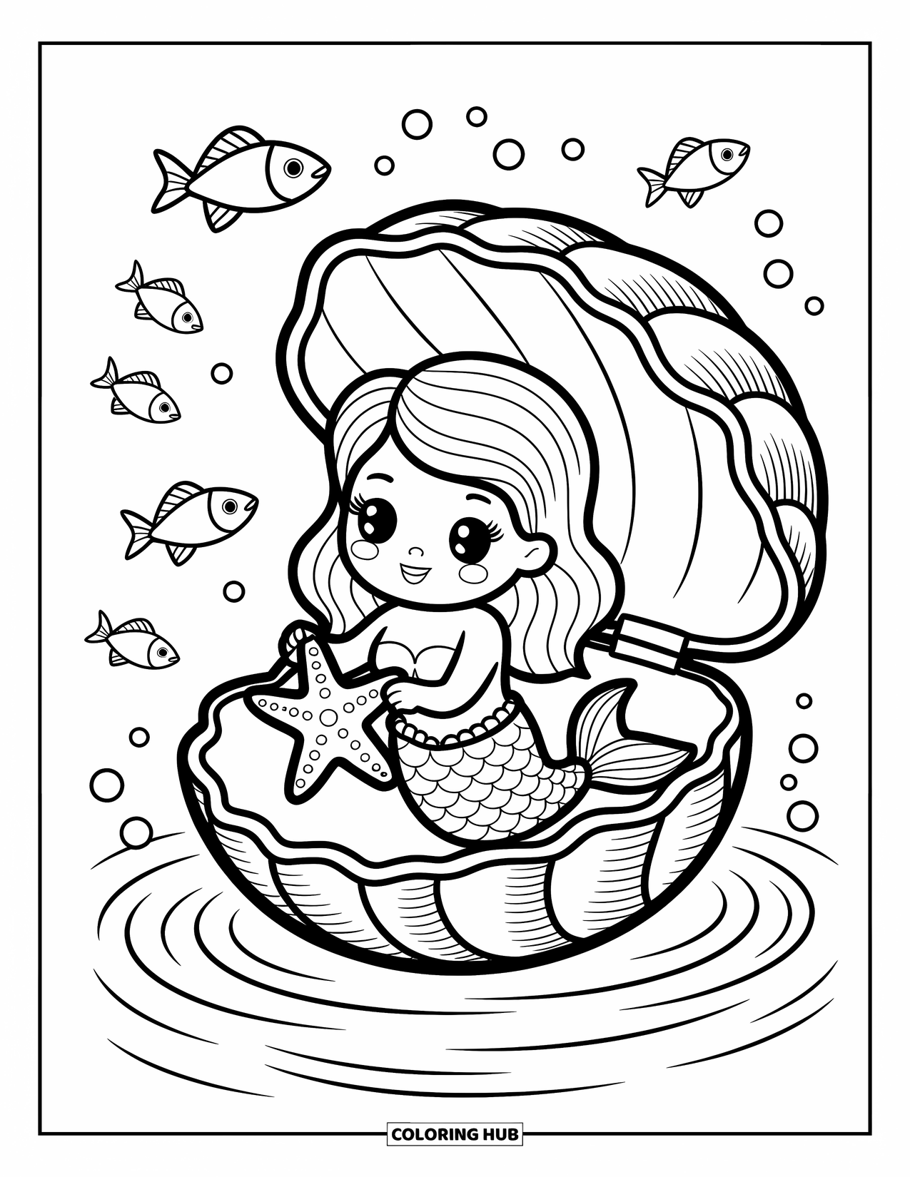 Mermaid Coloring Page for Adults: A mermaid sails in a clam shell, holding a starfish as fish joyfully swim alongside her