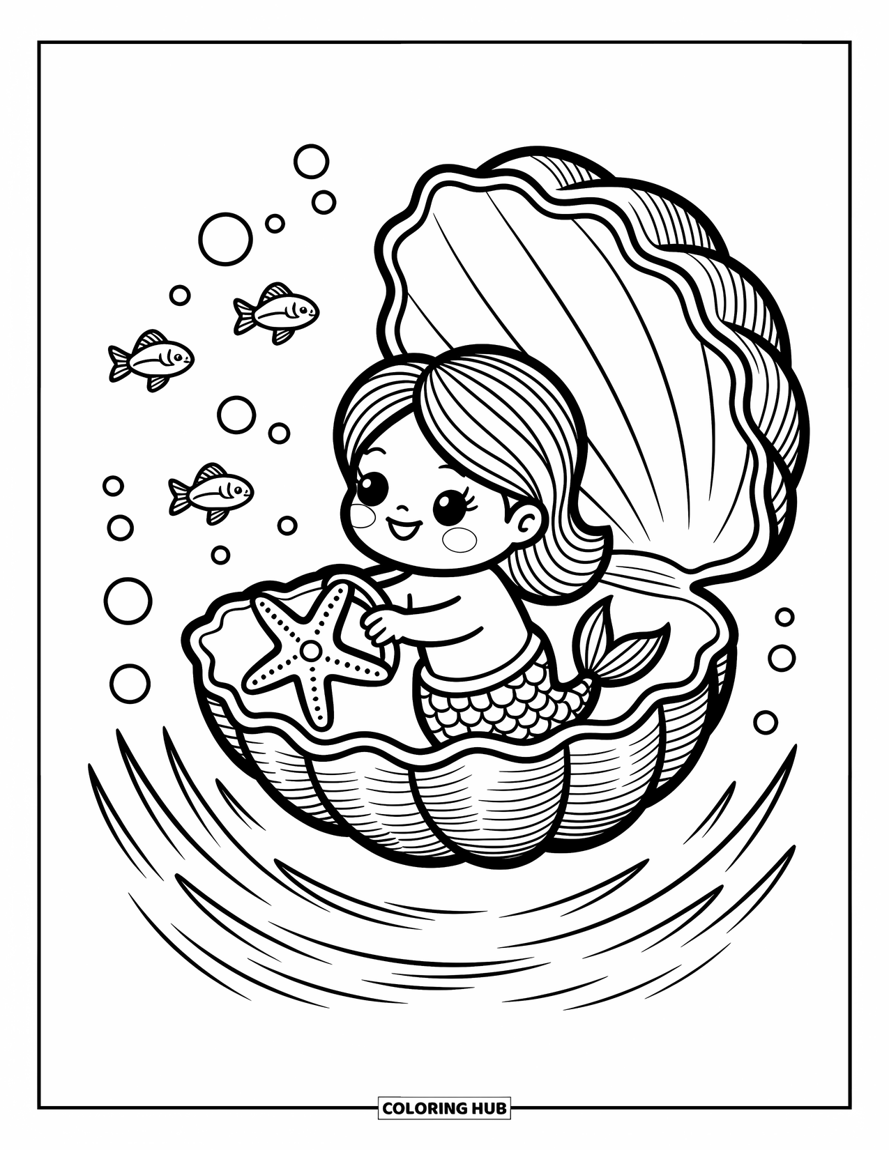Mermaid Coloring Page for Adults: A mermaid sits in a clam shell like a boat, guiding her journey with a starfish as playful fish swim nearby