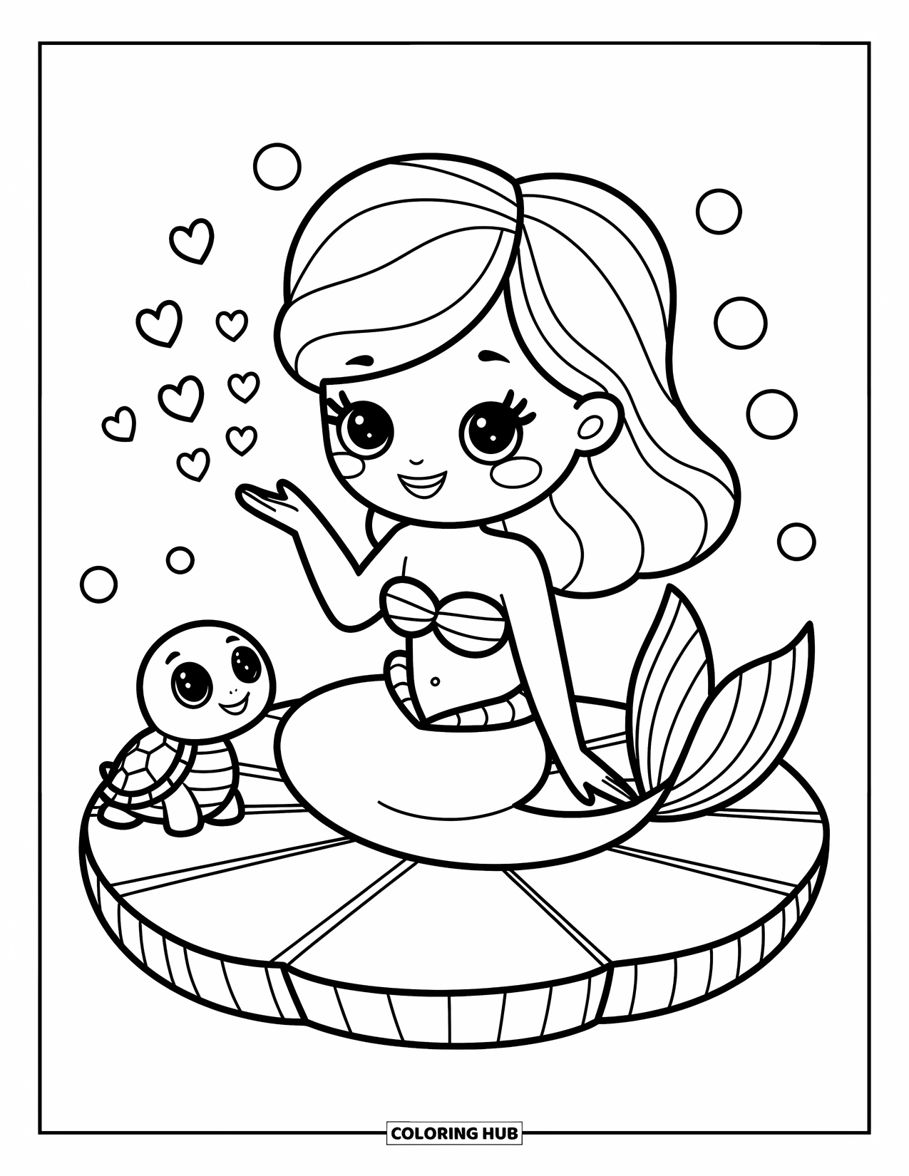 Mermaid Coloring Page for Adults: A mermaid sits on a floating sea lily pad, blowing bubbles that form tiny hearts while a turtle watches curiously