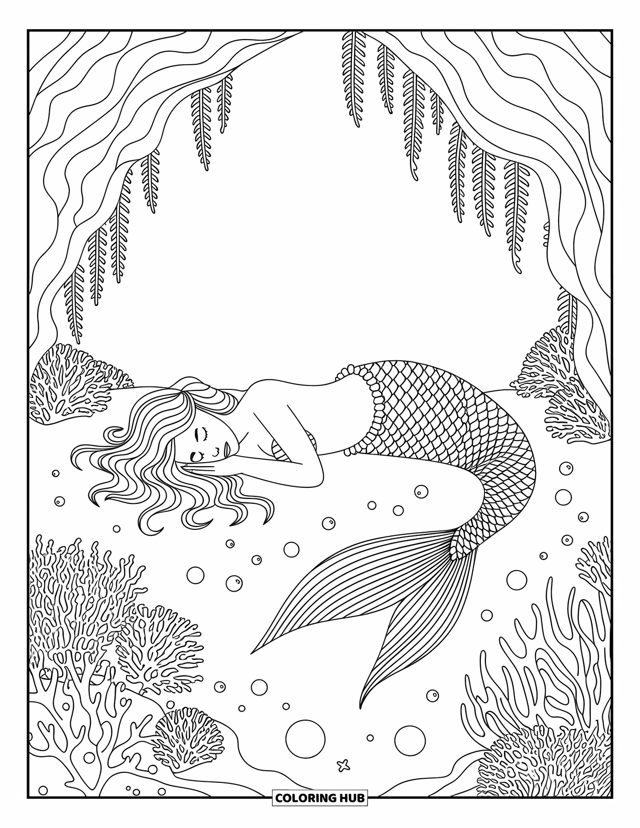 Mermaid Coloring Page for Adults: A mermaid sleeps peacefully in a cave, surrounded by coral, pearls, and swirling sea plants