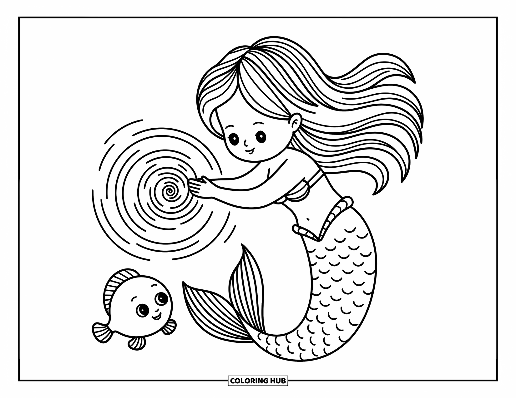 Mermaid Coloring Page for Adults: A mermaid spins a tiny whirlpool in her hands as a baby fish watches in awe