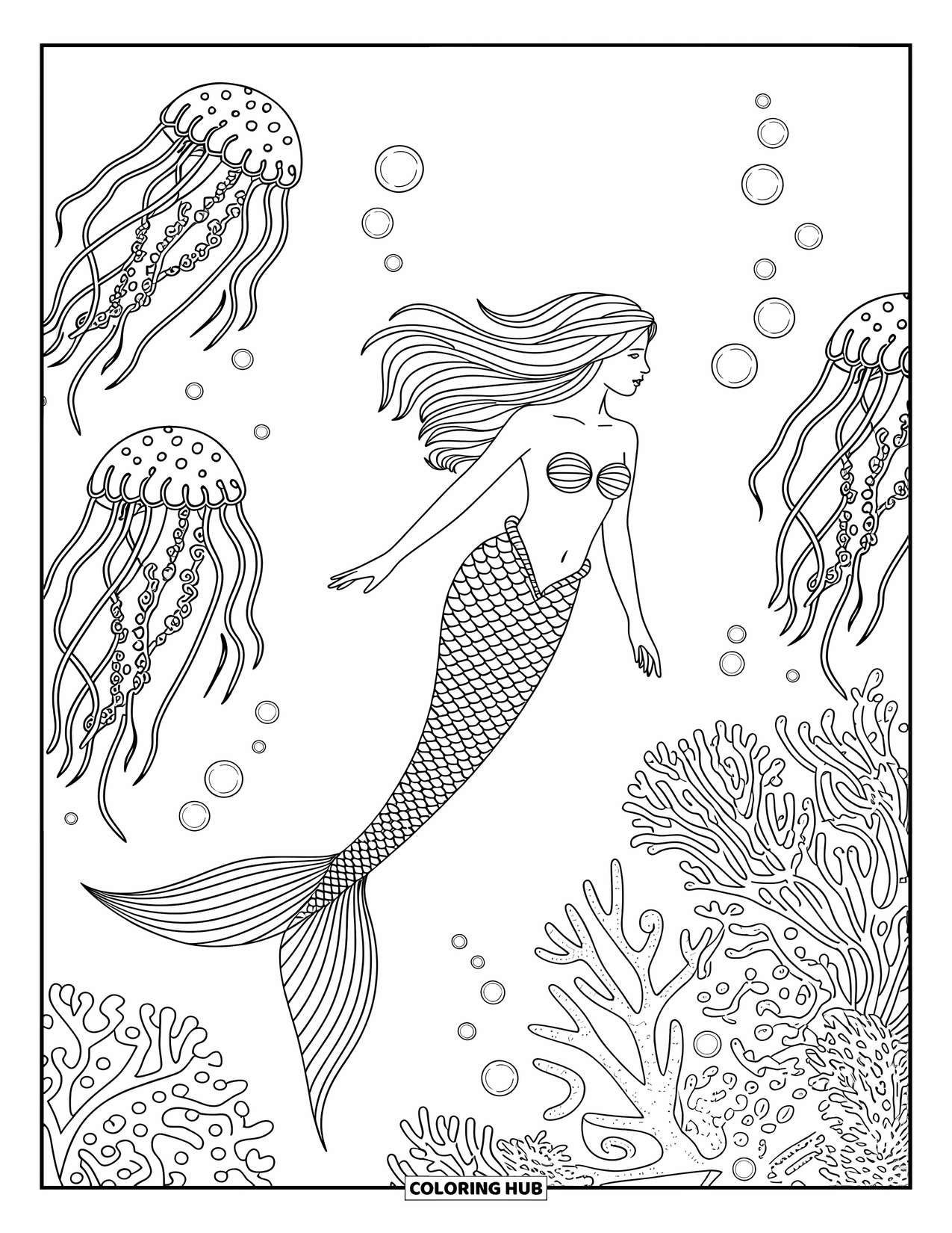 Mermaid Coloring Page for Adults: A mermaid swims elegantly through an ocean scene filled with jellyfish, coral, and delicate bubbles
